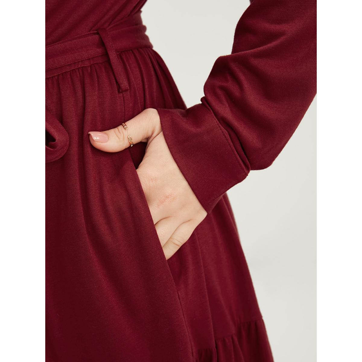 Plus Size Solid Pocket Button Up Belted Flutter Dress Scarlet Women Office Gathered Shirt collar Long Sleeve Curvy Midi Dress BloomChic 30/6X Product Image