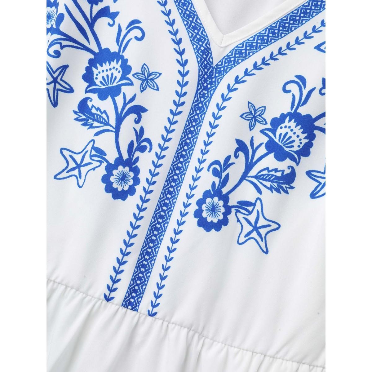 Plus Size Boho Print Waist-Defined Ruffle Midi Dress Stone Women Resort Non V-neck Elbow-length sleeve Curvy BloomChic 30/6X Product Image