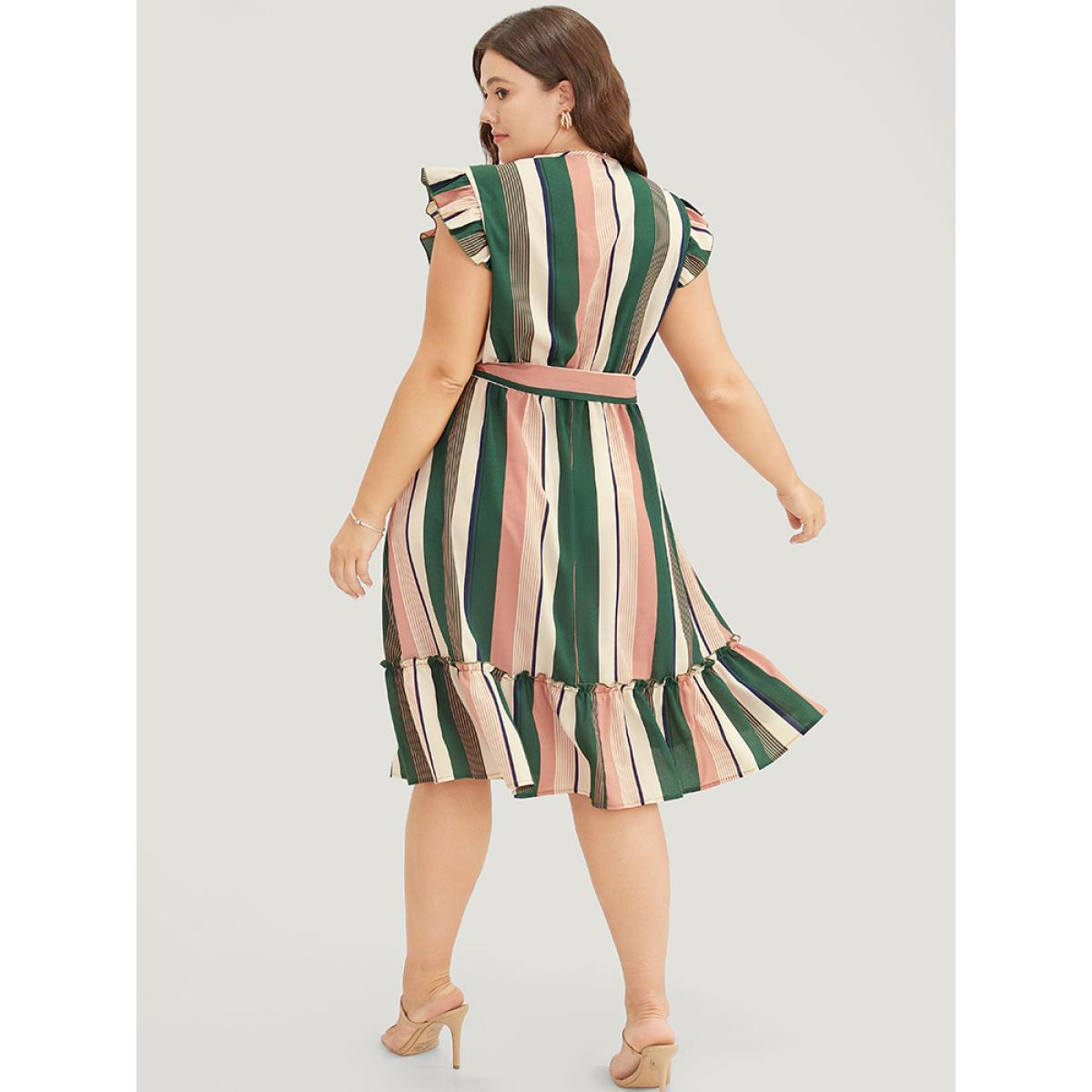 Plus Size Striped Contrast Cap Sleeve Belted Pocket Ruffle Hem Dress Multicolor Women Vacation Contrast V-neck Cap Sleeve Curvy Knee Dress BloomChic 30/6X Product Image