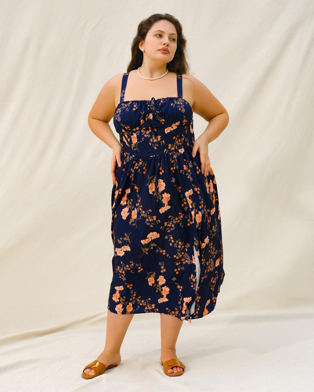 Navy Floral Ruched Plus Size Slip Midi Dress Product Image