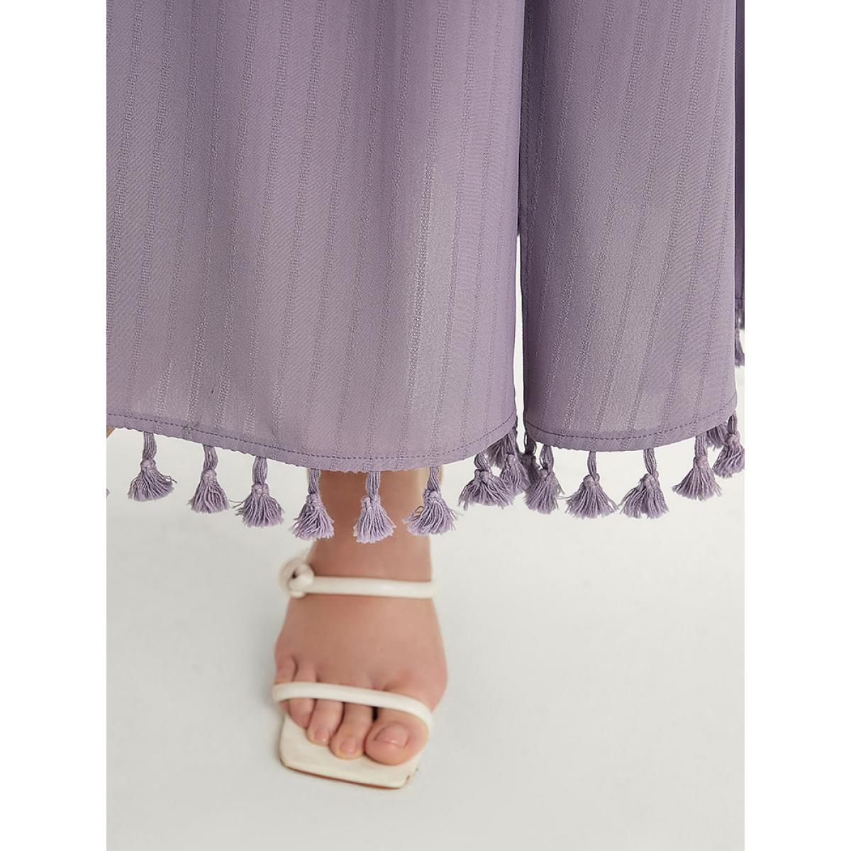 Plus Size Plain Striped Dolman Sleeve Split Belted Tassels Trim Dress Mauve Women Elegant Elastic Waist V-neck Half Sleeve Curvy Midi Dress BloomChic 28/5X Product Image