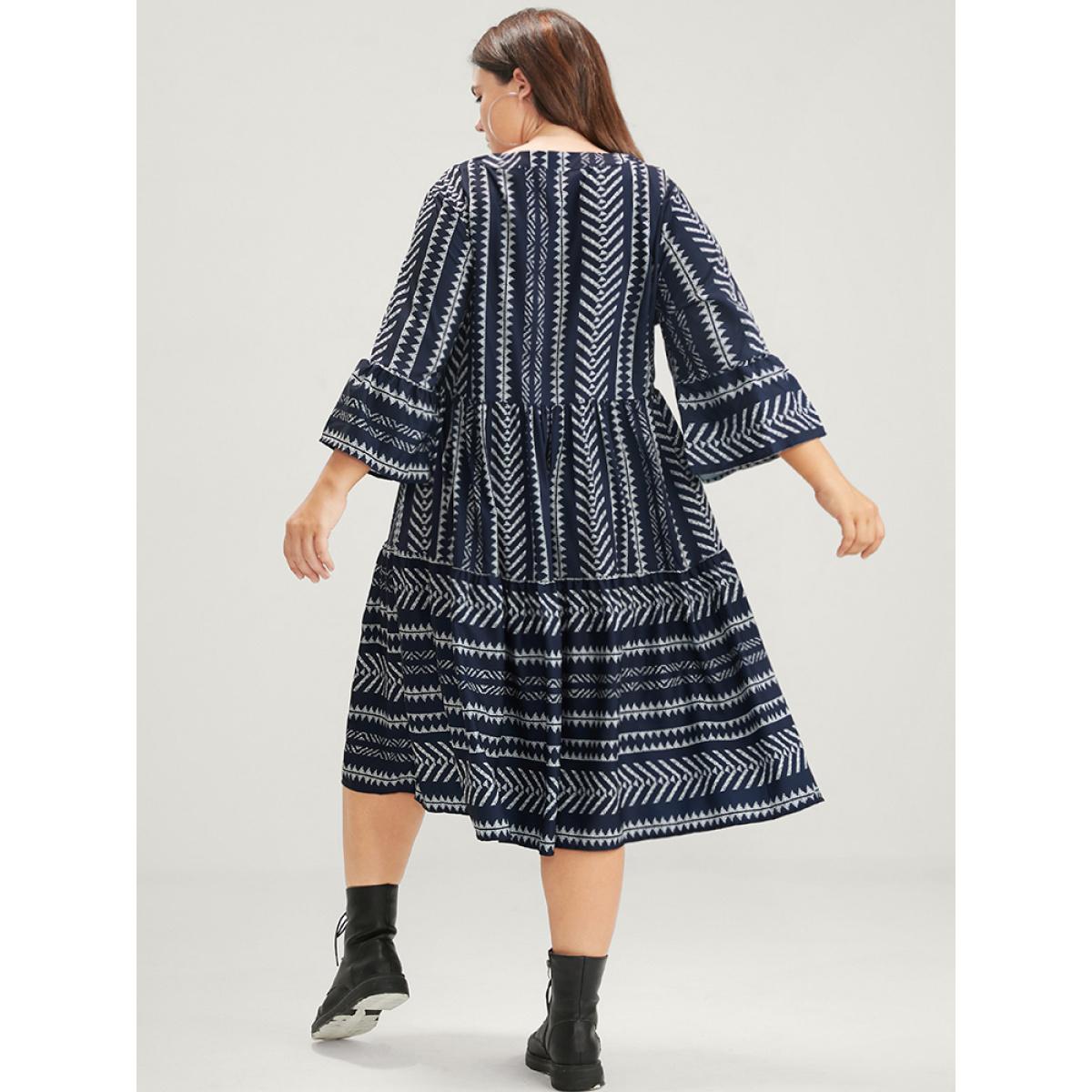 Plus Size Bloom Dress -Geometric Pocket Ruffles V Neck Knee Dress DarkBlue Women Vacation Pocket V-neck Elbow-length sleeve Curvy Knee Dress BloomChic 10/M Product Image
