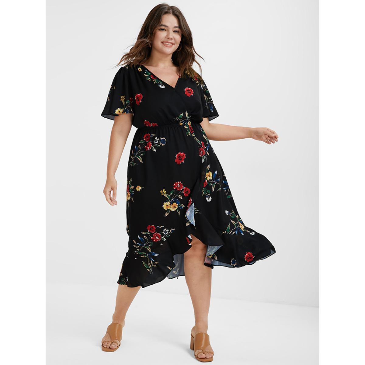 Plus Size Floral Ruffles Knot Wrap Midi Dress Black Women Elegant Ruffles V-neck Short sleeve Curvy Midi Dress BloomChic 16/1X Product Image