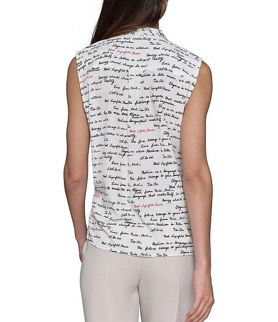 KARL LAGERFELD PARIS Fashion Logo Print Tie Neck Sleeveless Button Front Top Product Image
