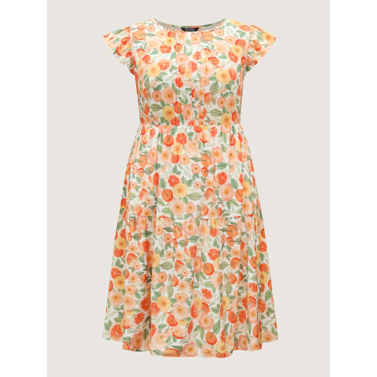 Plus Size Citrus Print Pleated Flutter Sleeve Midi Dress Multicolor Women Round Neck Cap Sleeve Curvy BloomChic 18-20/2X Product Image