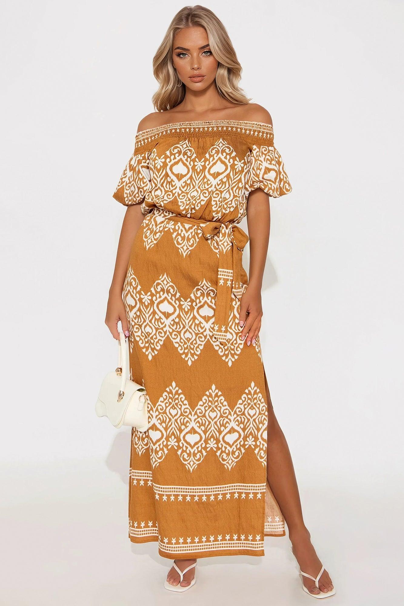 Mindy Off Shoulder Maxi Dress - Brown/combo Product Image