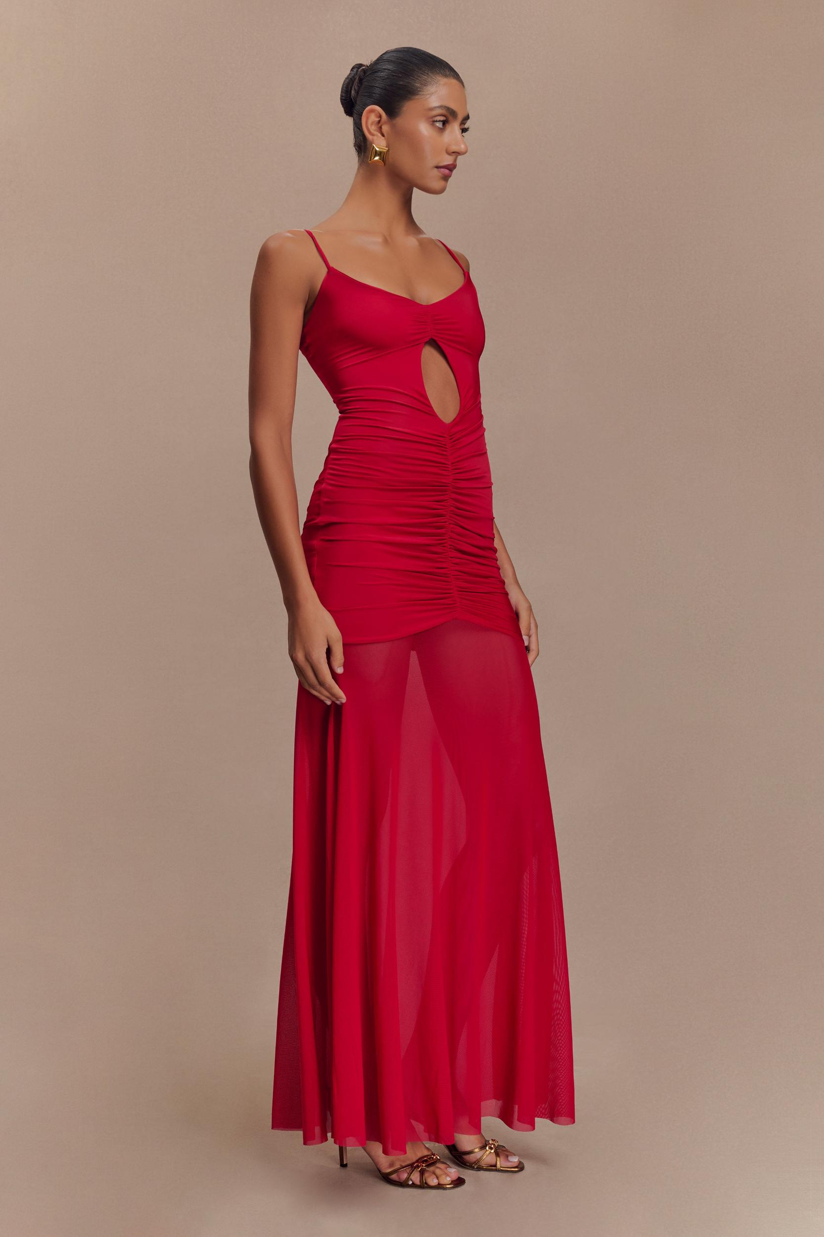 Delaney Slinky And Mesh Maxi Dress - Red Product Image