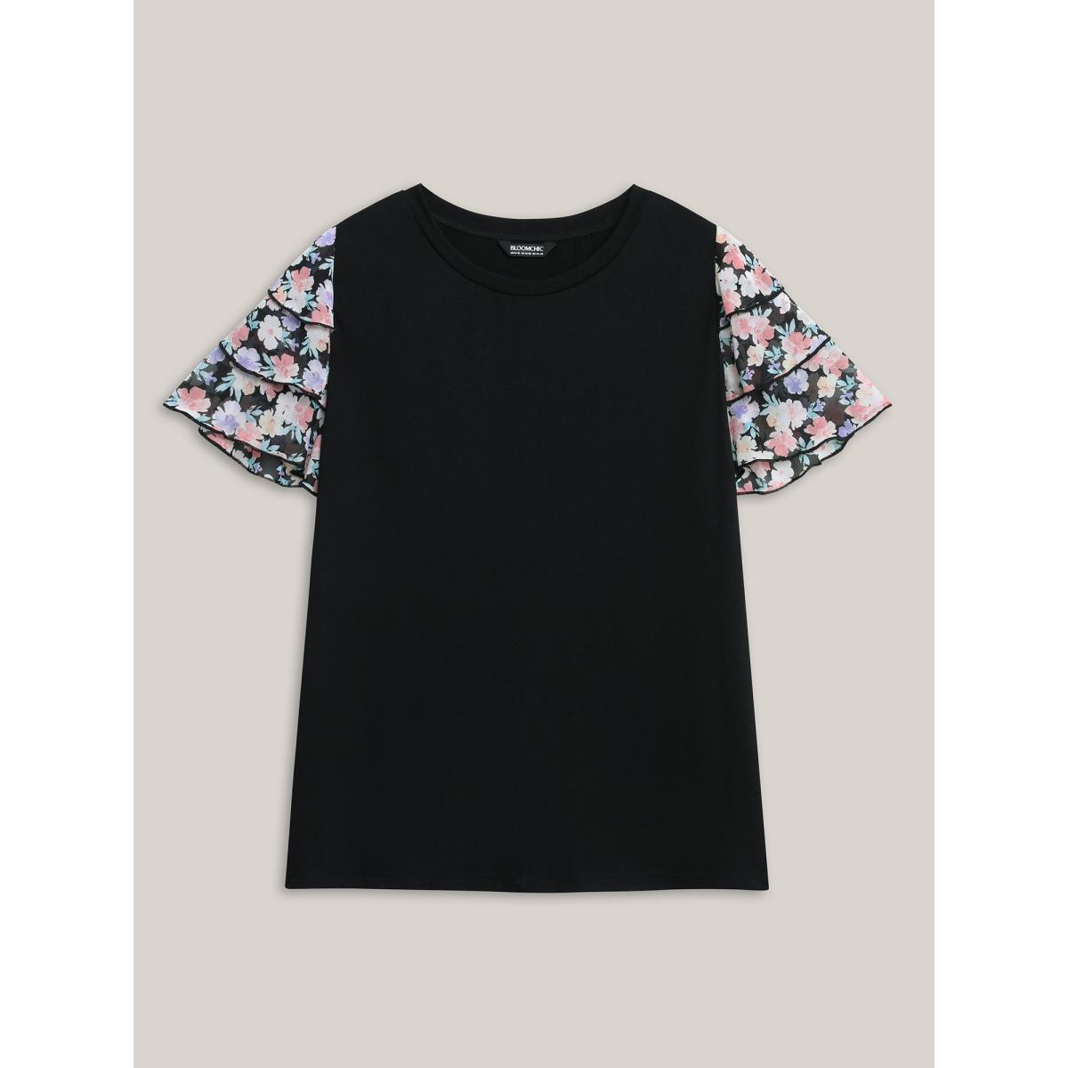 Plus Size Floral Layered Sleeve Spliced Plain T-Shirt Black Women Contrast Round Neck Everyday-Casual T-shirts BloomChic 18-20/2X Product Image