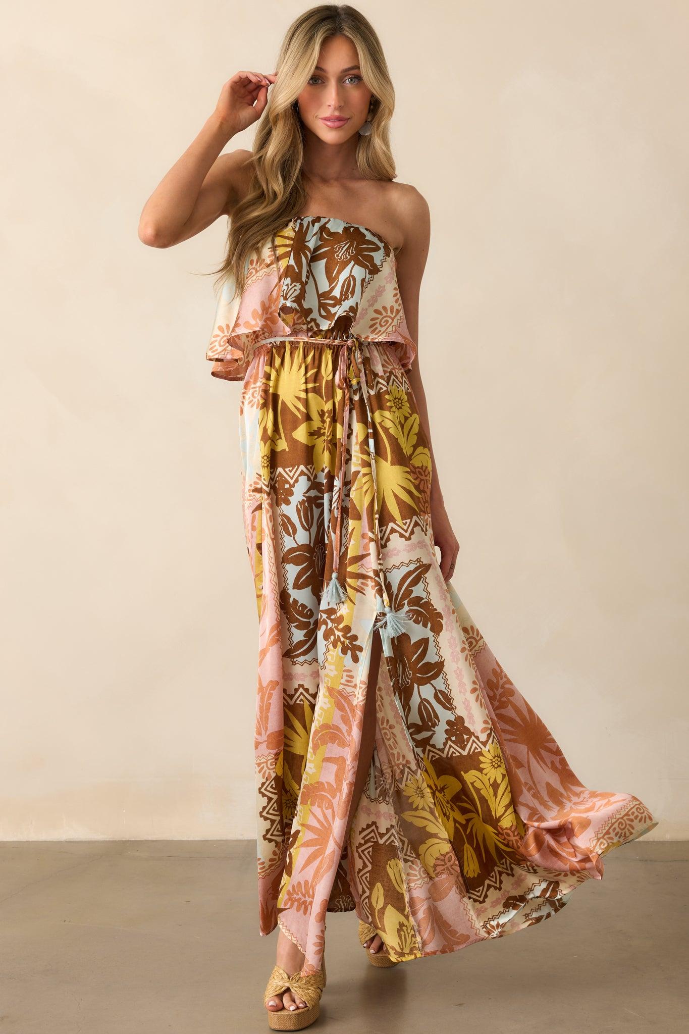 All Of The Time Pink Coral Patchwork Print Strapless Maxi Dress Product Image