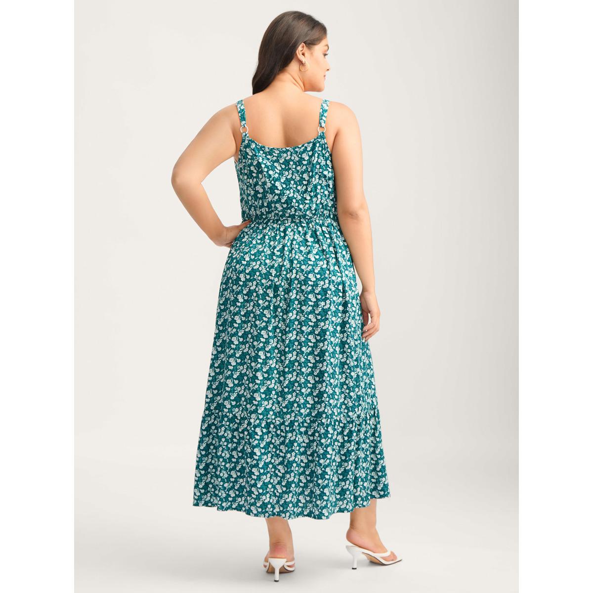 Plus Size Rayon Ditsy Floral Print Pockets Midi Dress Teal Women Square Neck Sleeveless Curvy BloomChic 22-24/3X Product Image
