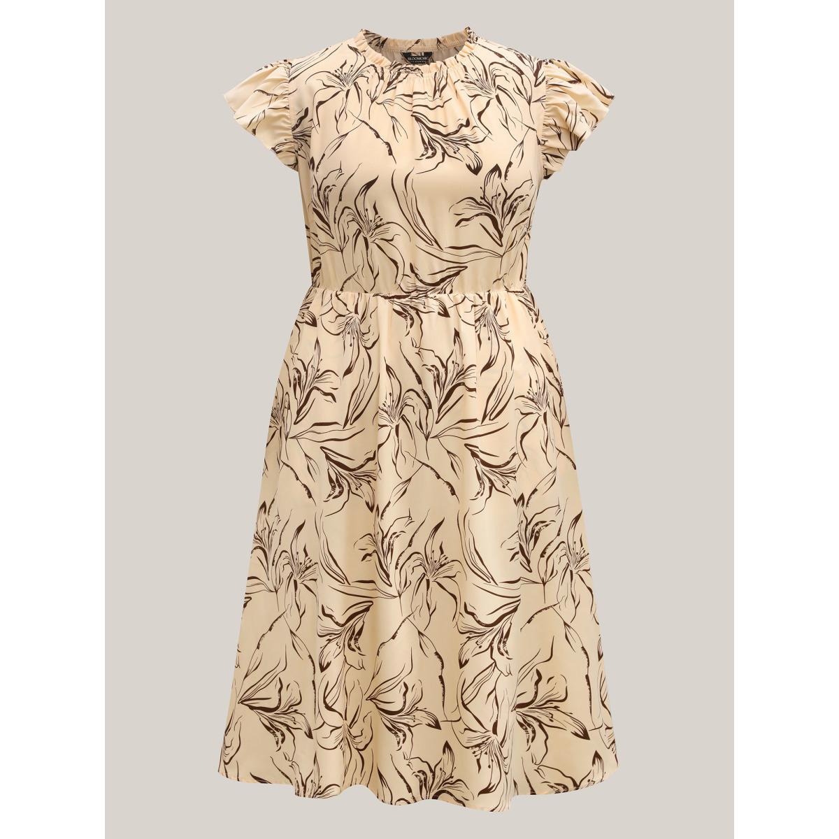 Plus Size Abstract Print Mock Neck Midi Dress Apricot Women Elegant Frill Trim Mock Neck Cap Sleeve Curvy BloomChic 22-24/3X Product Image