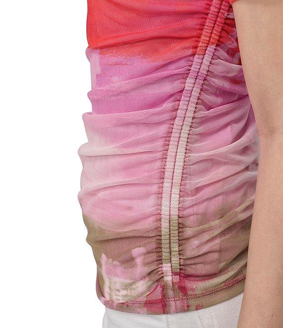 DKNY by Donna Karan Printed Mesh Crew Neck Short Sleeve Ruched Top Product Image