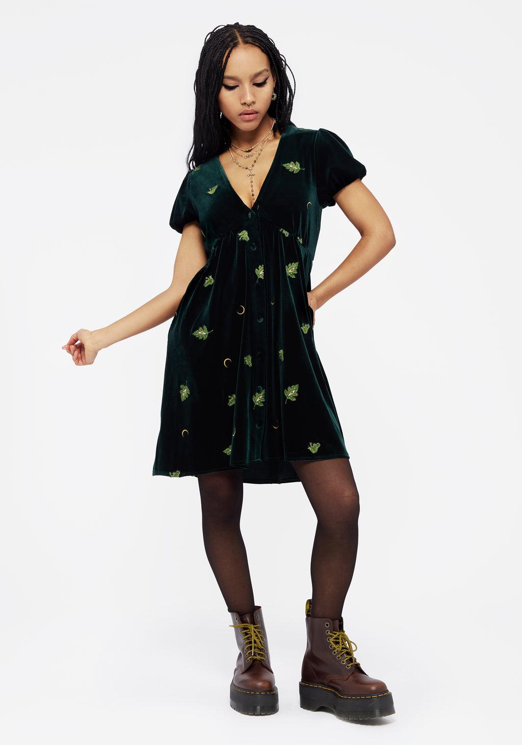 Swamplife Frog Embroidered Velour Button Up Mini Dress Product Image
