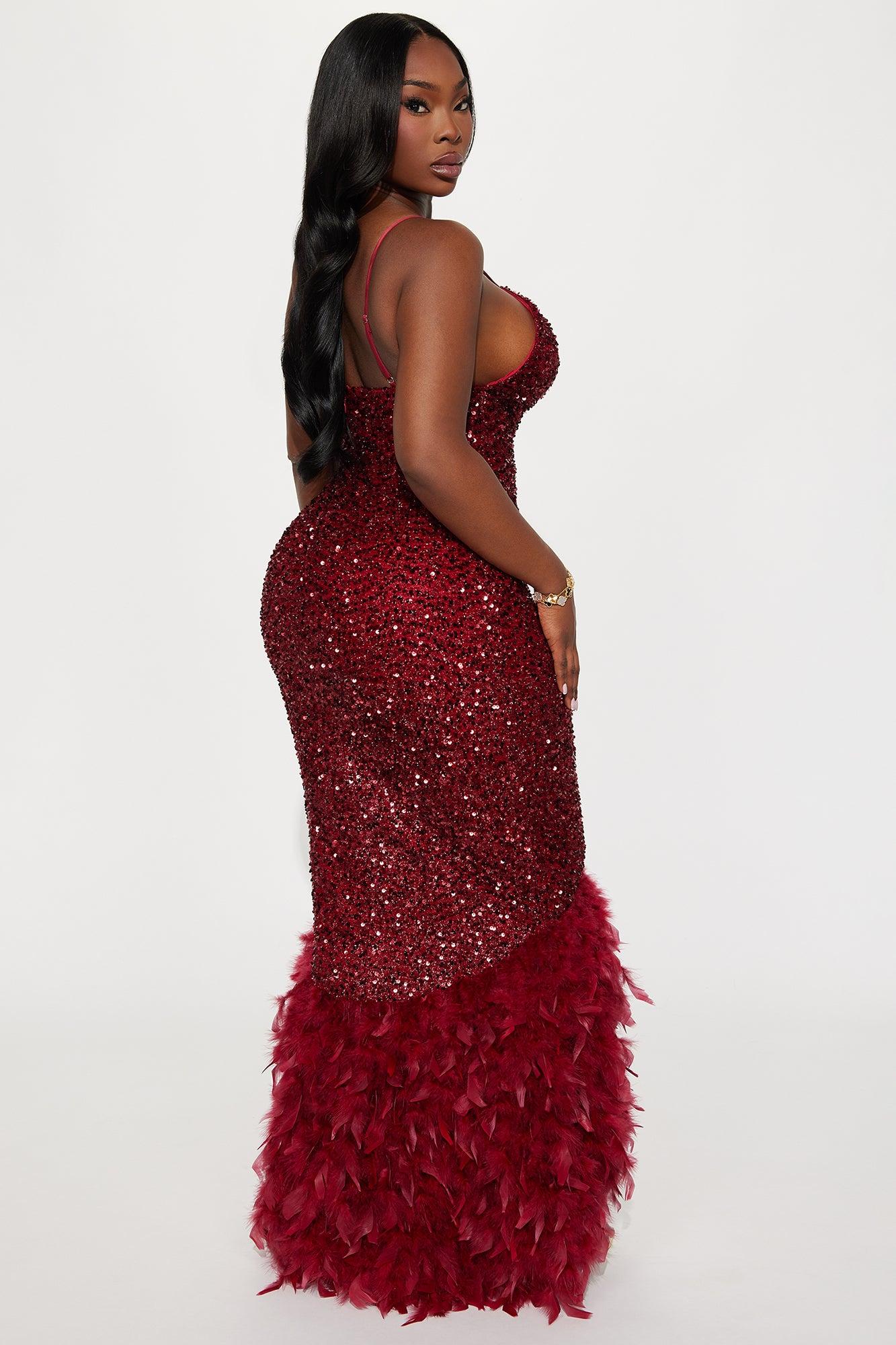 Zoey Spaghetti Strap Feathered Sequin Gown - Wine Female Product Image