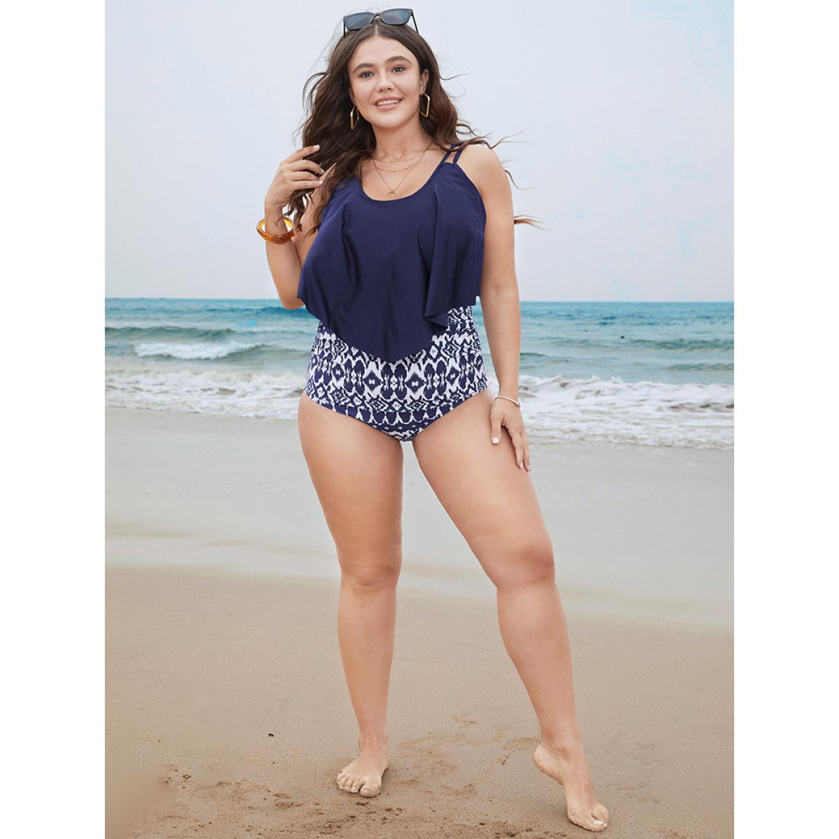 Plus Size Geometric Patchwork Ruffle Trim One Piece Swimsuit Women's Swimwear Indigo Vacation Adjustable Straps Curve Bathing Suits High stretch One Pieces BloomChic 14-16/1X Product Image