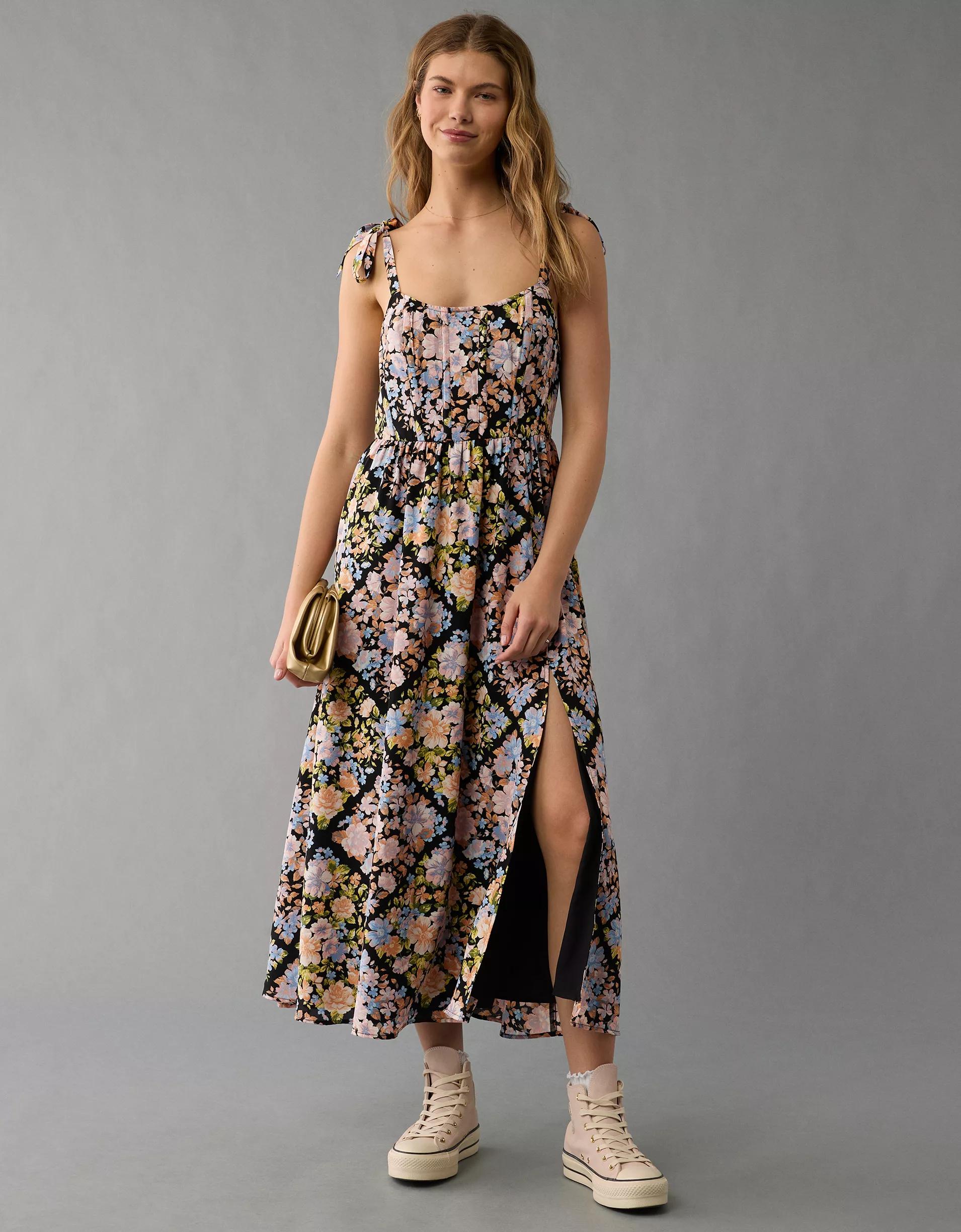 AE Corset Tie Strap Floral Midi Dress Product Image