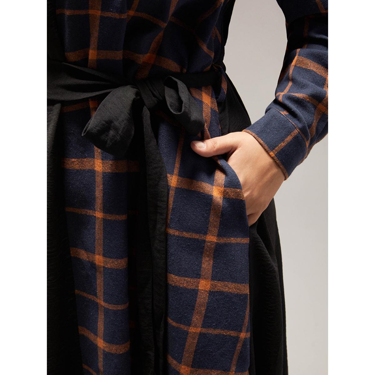 Plus Size Plaid Patchwork Notched Belted Dress Black Women Office Belted Notched collar Long Sleeve Curvy Midi Dress BloomChic 18-20/2X Product Image