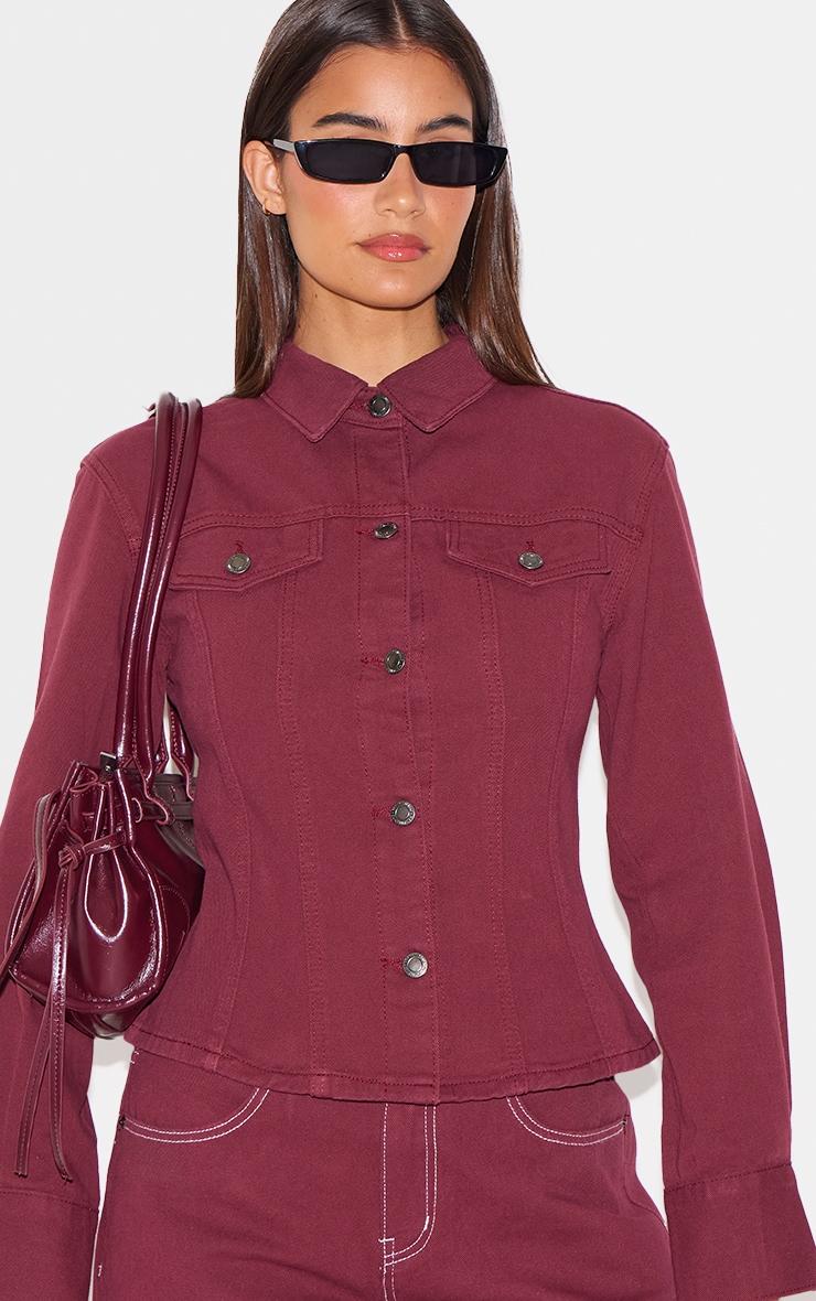 Burgundy Long Sleeve Cinch Waist Denim Jacket Product Image