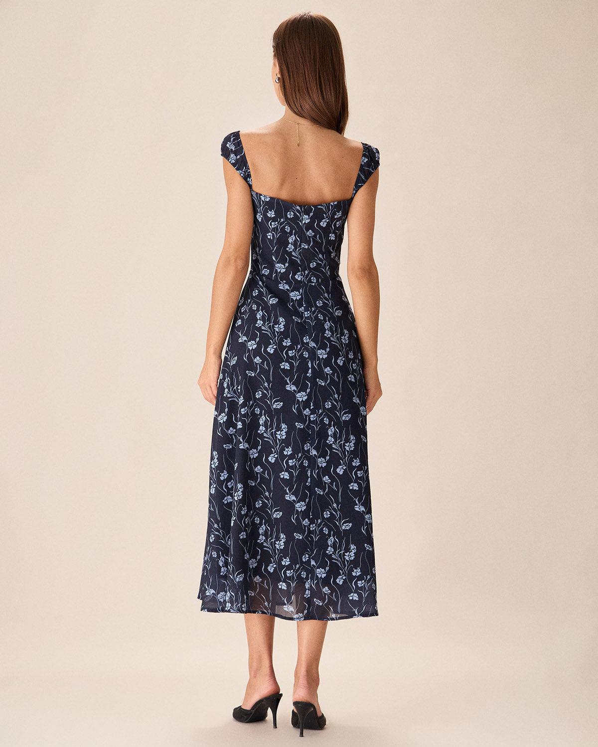 Navy Floral Sweetheart Neck Midi Dress Product Image