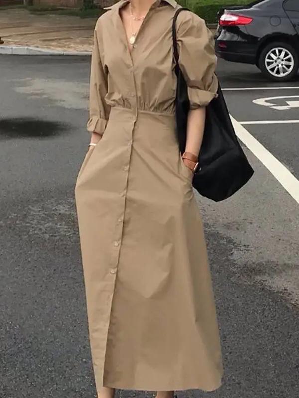 Loose Puff Sleeves Pleated Solid Color Split-Joint Lapel Maxi Dresses Shirt Dress Product Image
