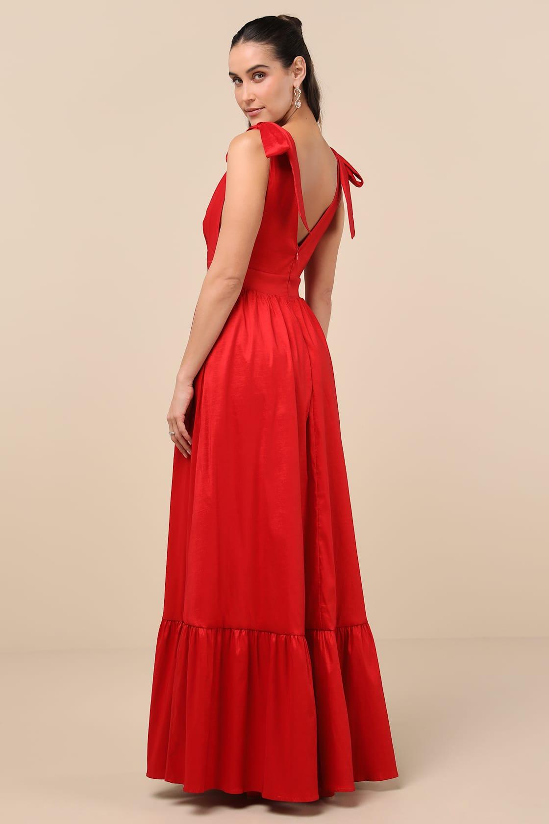 Rare Charm Red Taffeta Tie-Strap Maxi Dress With Pockets Product Image