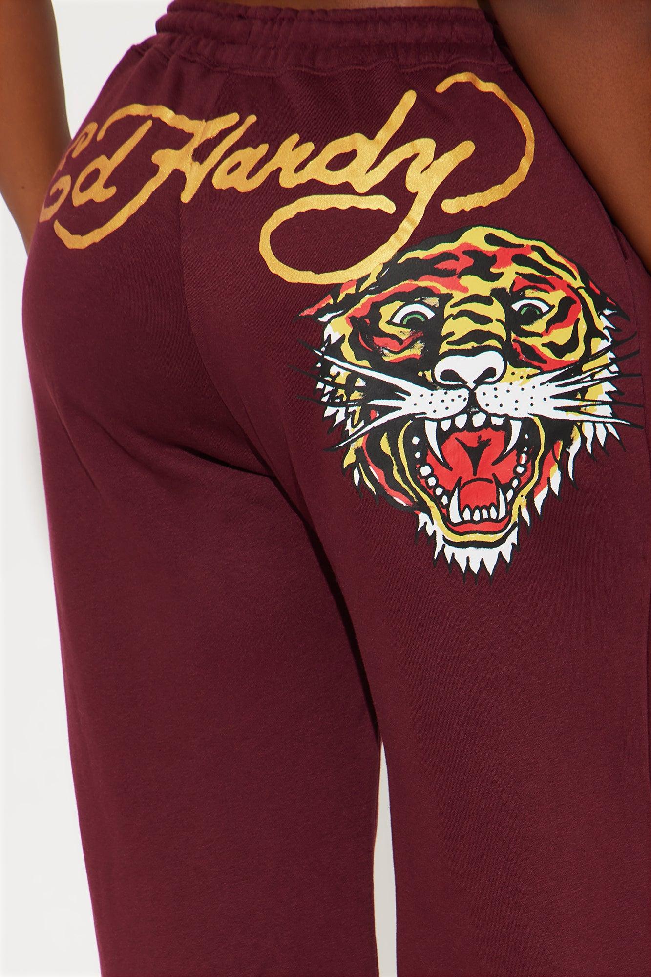 Retro Tiger Ed Hardy Wide Leg Pant - Burgundy Product Image