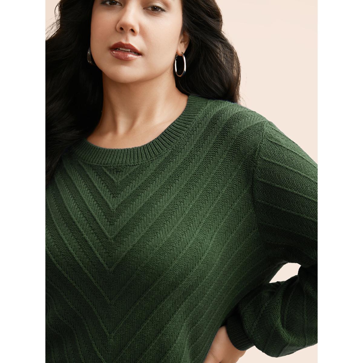 Plus Size Plain Textured Crew Neck Pullover DarkGreen Women Casual Loose Long Sleeve Boat Neck Everyday Pullovers BloomChic 28/5X Product Image