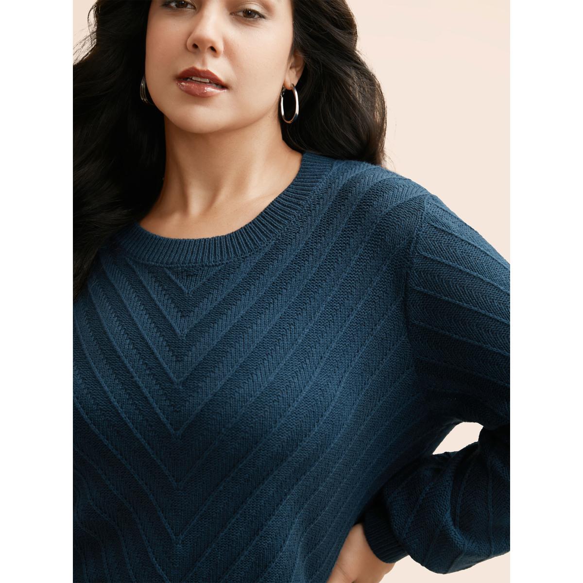 Plus Size Plain Textured Crew Neck Pullover DarkGreen Women Casual Loose Long Sleeve Boat Neck Everyday Pullovers BloomChic 28/5X Product Image