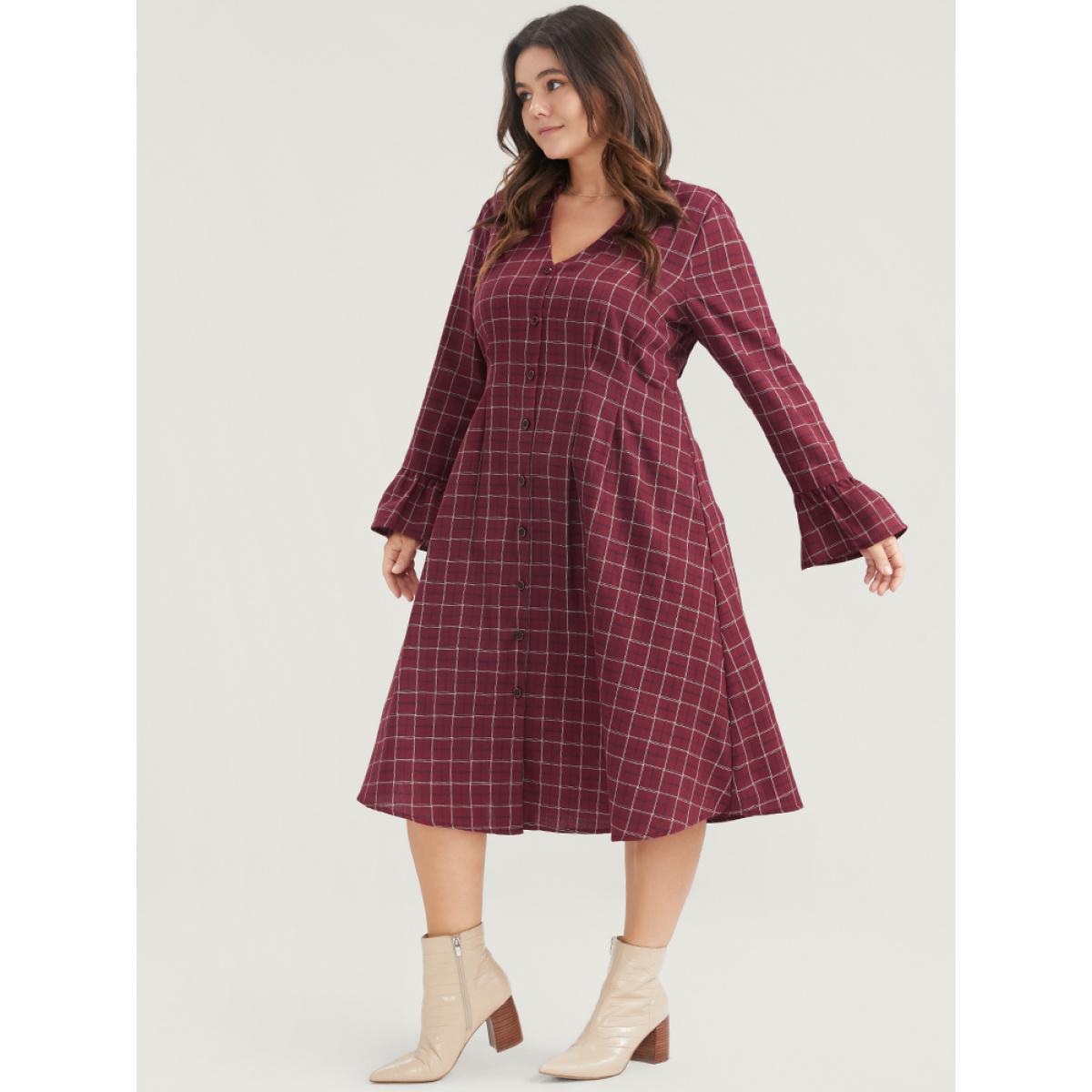 Plus Size Gingham Pocket Button Up Bell Sleeve V Neck Dress Without Belt Russet Women Office Button V-neck Long Sleeve Curvy Midi Dress BloomChic 30/6X Product Image