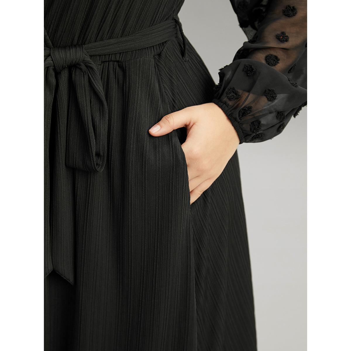 Plus Size Polka Dot Chiffon Mesh Patchwork Wrap Dress Black Women Elegant Elastic cuffs Overlap Collar Long Sleeve Curvy Midi Dress BloomChic 18-20/2X Product Image
