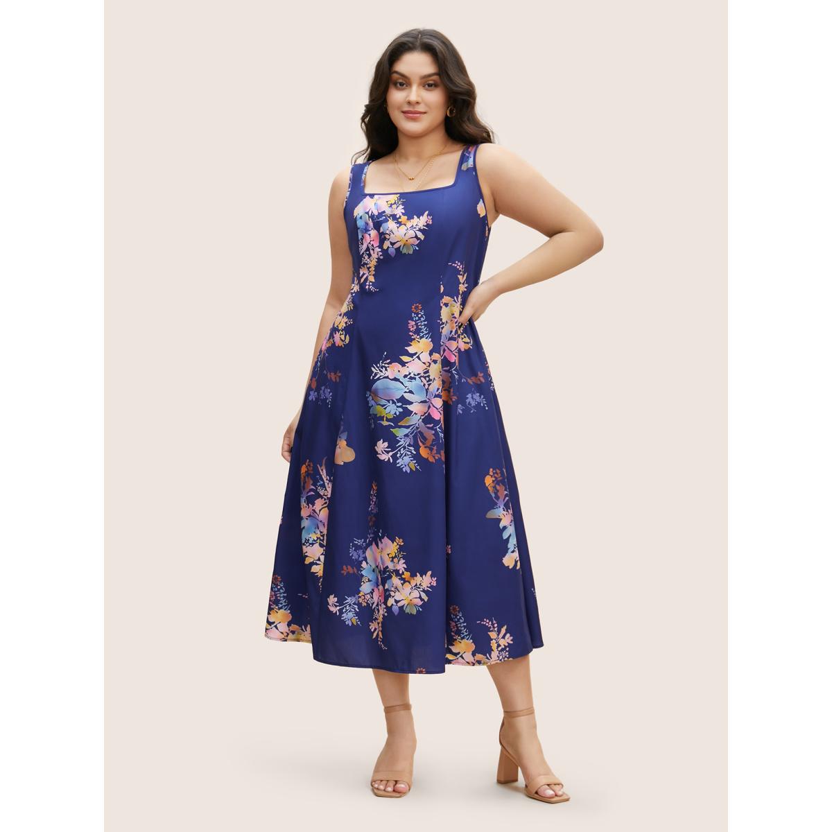 Plus Size Square Neck Silhouette Floral Print Pleated Dress DarkBlue Women Elegant Non Square Neck Sleeveless Curvy BloomChic 30/6X Product Image