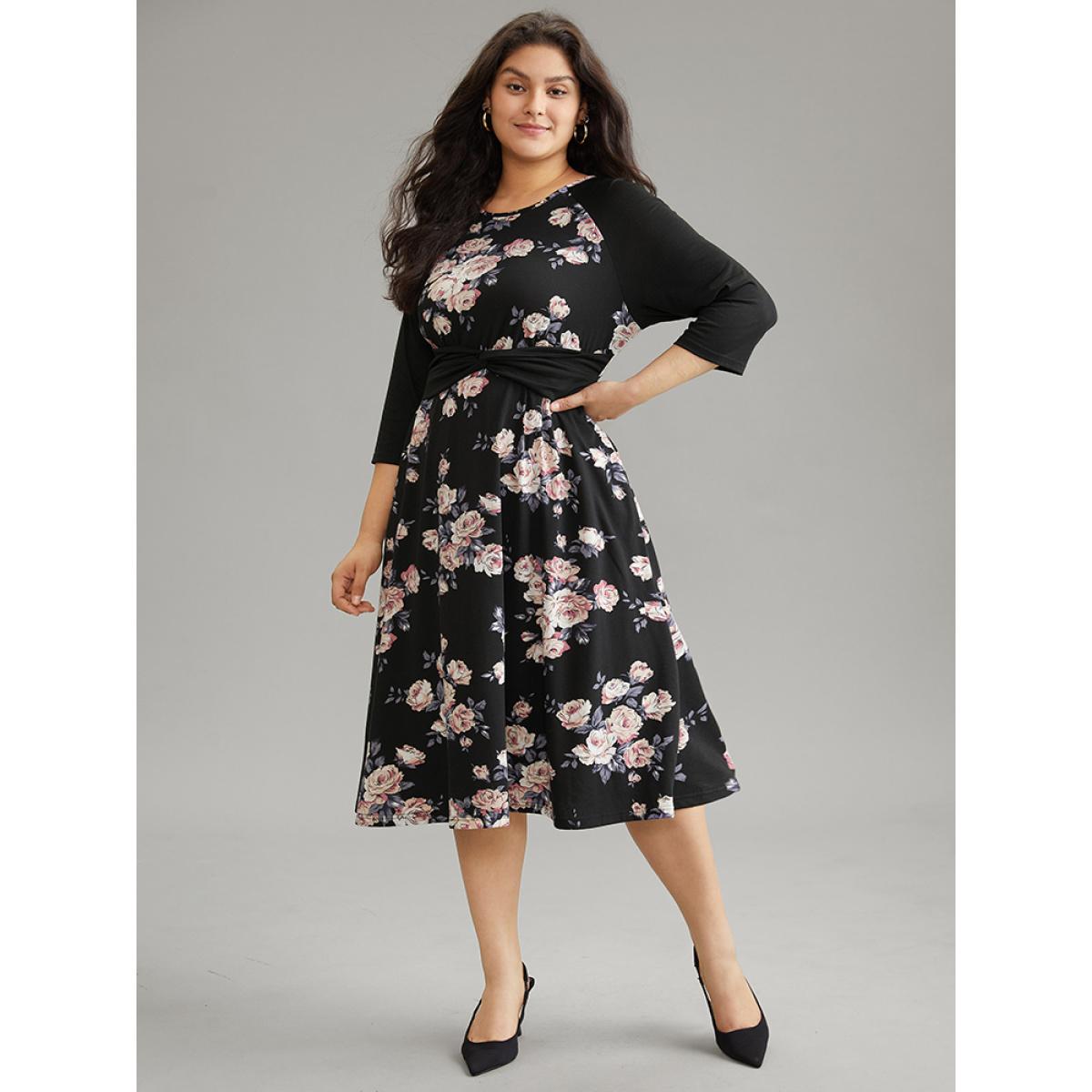 Plus Size Floral Twist Front Patchwork Raglan Sleeve Dress Black Women Elegant Contrast Round Neck Elbow-length sleeve Curvy Midi Dress BloomChic 14-16/1X Product Image