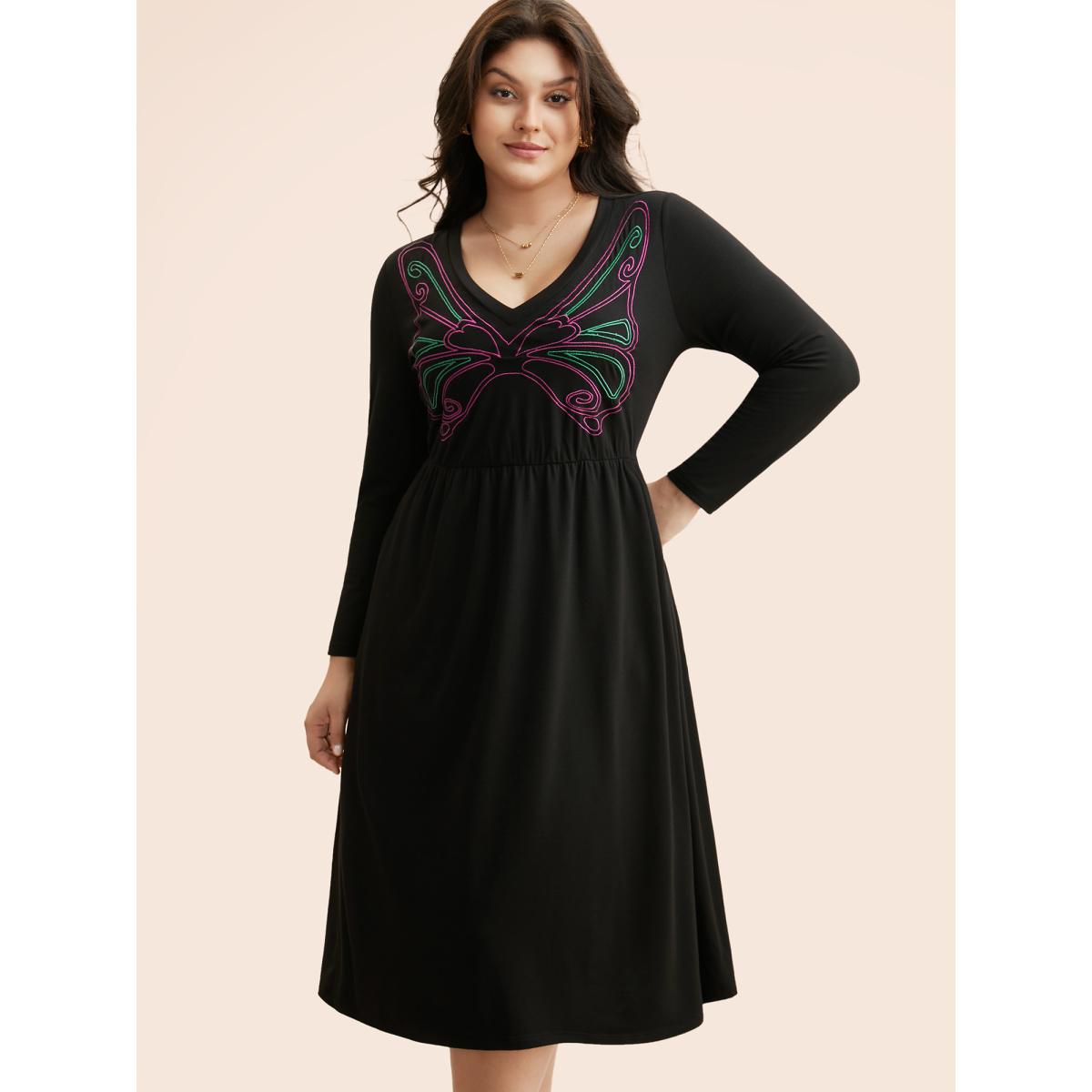 Plus Size Butterfly Embroidered V Neck Midi Dress Black Women Elegant Embroidered V-neck Long Sleeve Curvy BloomChic 28/5X Product Image
