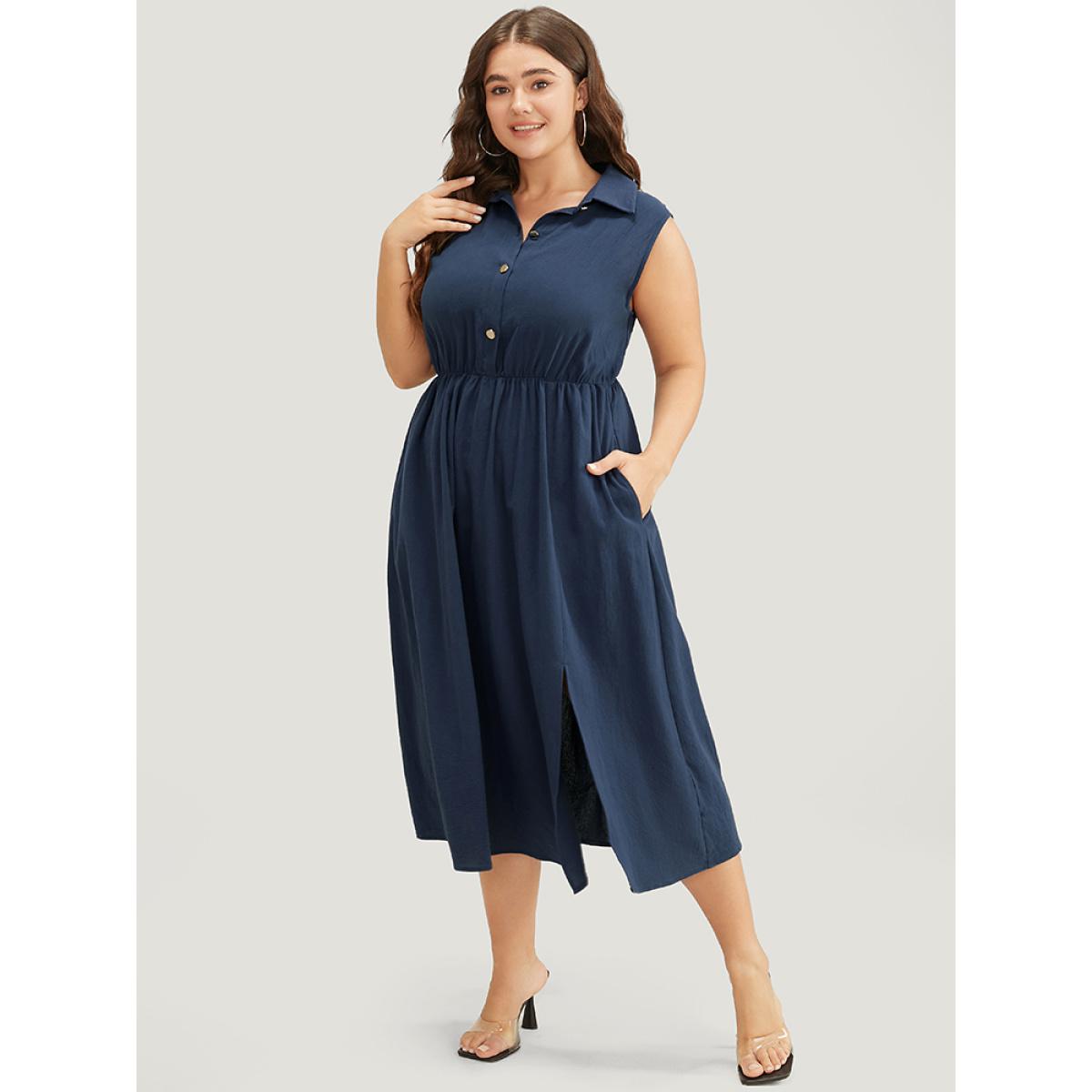 Plus Size Solid Shirt Collar Sleeveless Pocket Button Up Split Hem Dress Indigo Women Office Button Shirt collar Sleeveless Curvy Midi Dress BloomChic 26/4X Product Image