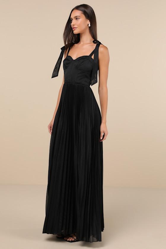 Attentive Elegance Black Tie-Strap Bustier Pleated Maxi Dress Product Image