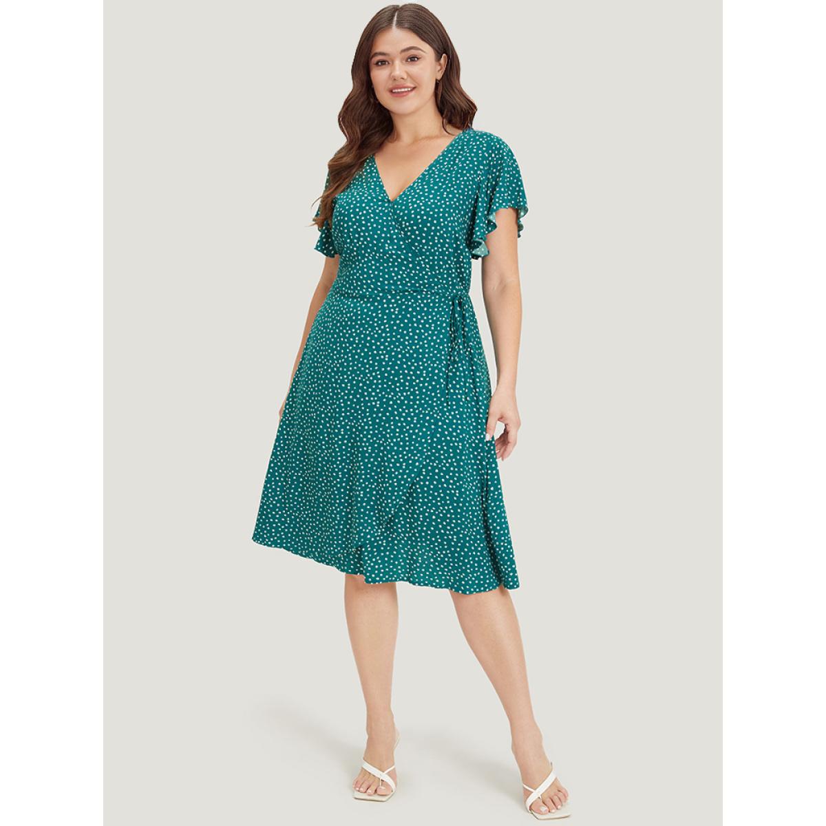 Plus Size Polka Dot Ties Wrap Hem Ruffle Cap Sleeve Dress Emerald Women Elegant Cross straps V-neck Cap Sleeve Curvy Knee Dress BloomChic 14-16/1X Product Image
