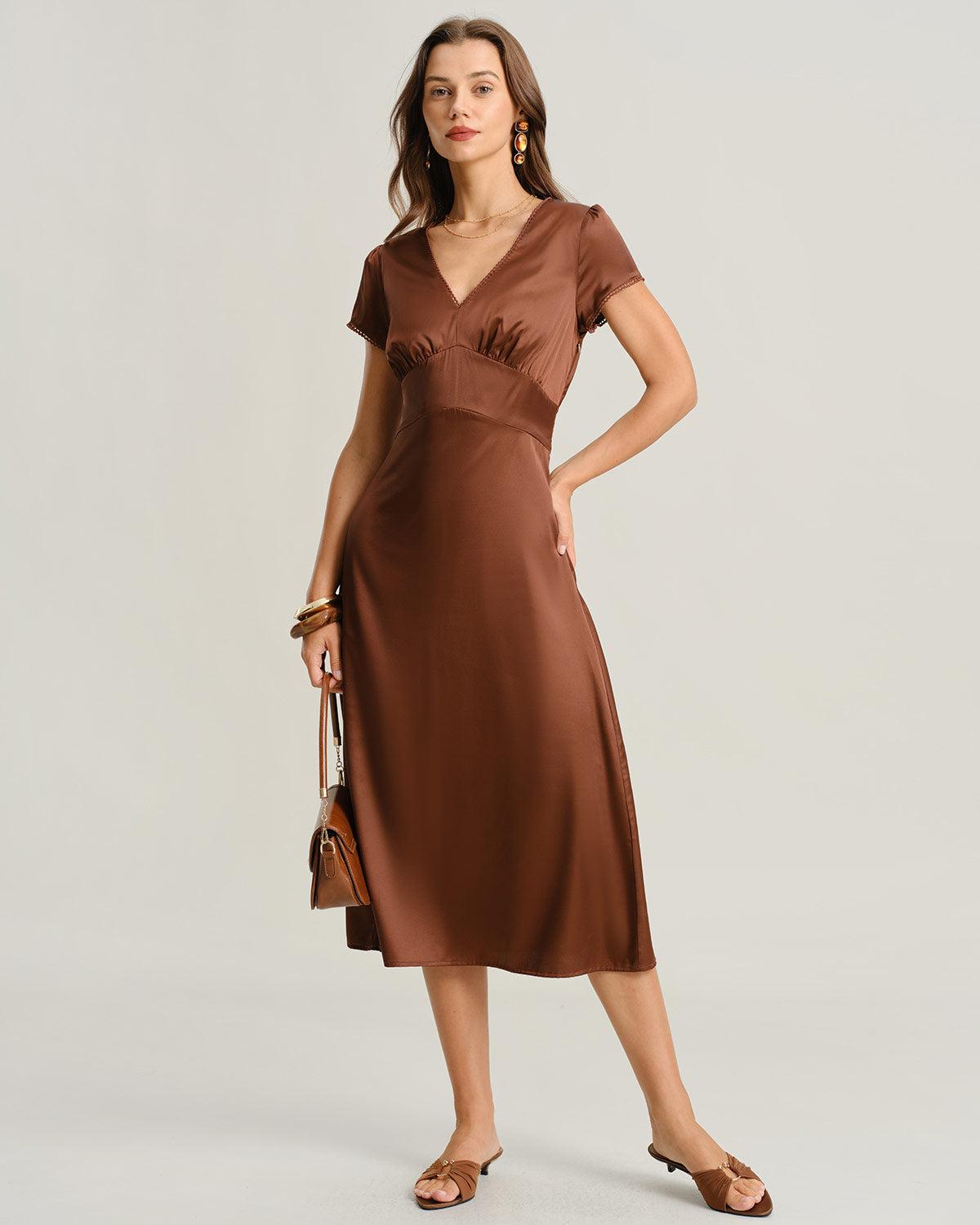 Brown V Neck Cap Sleeve Midi Dress Product Image