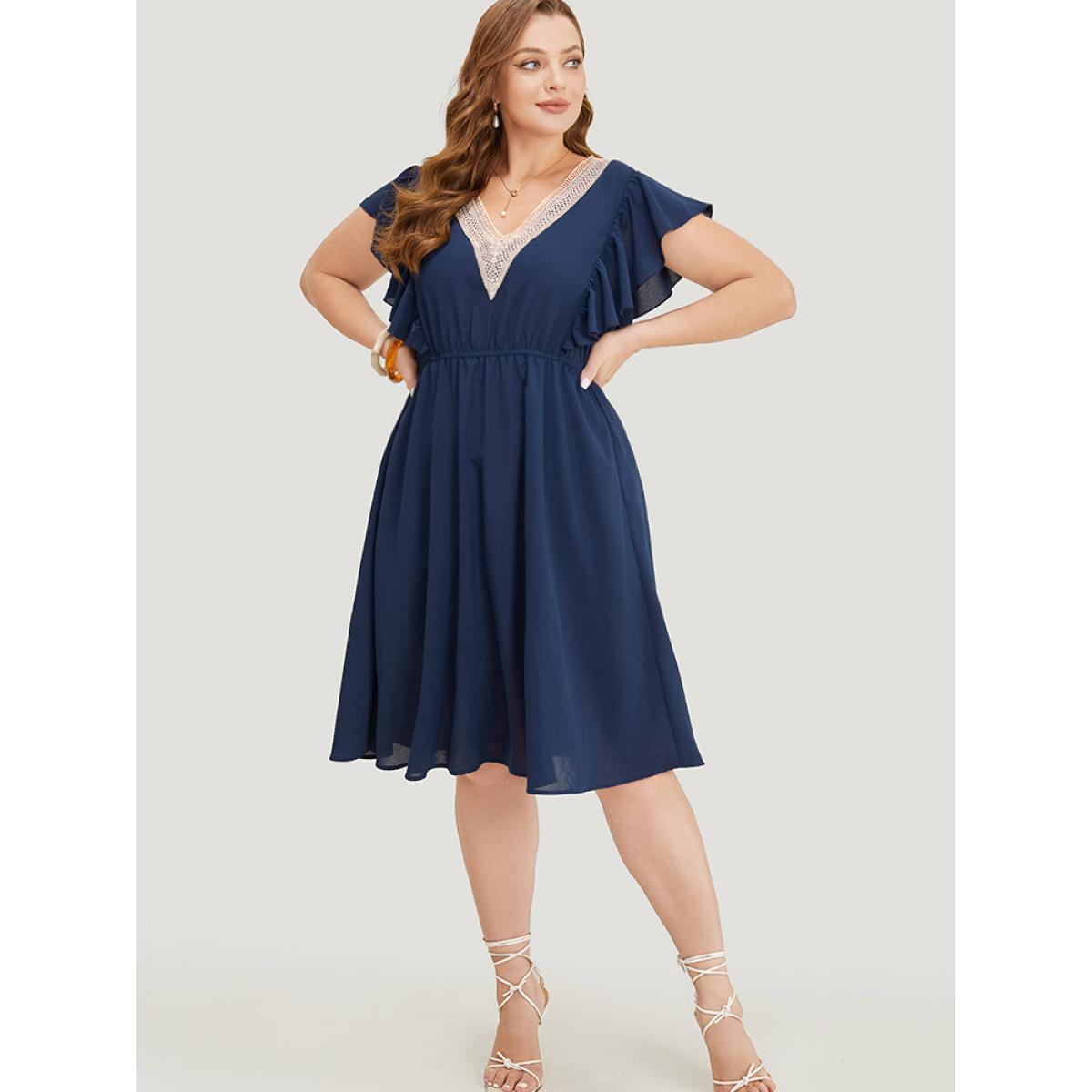 Plus Size Solid Contrast Lace V Neck Pocket Flutter Trim Dress DarkBlue Women Elegant Lace V-neck Cap Sleeve Curvy Knee Dress BloomChic 10/M Product Image