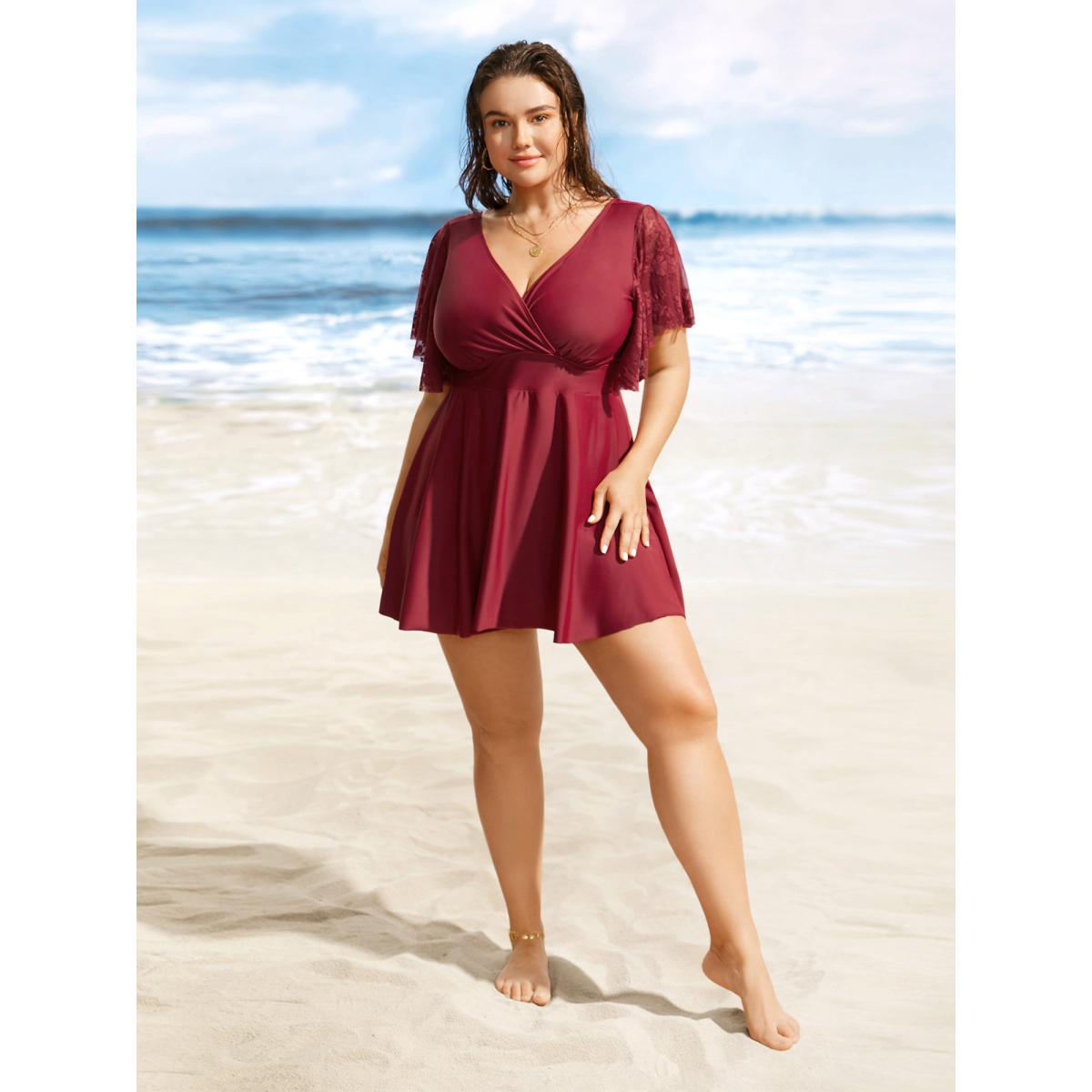 Plus Size Solid Overlap Collar Lace Patchwork Gathered Swim Dress Women's Swimwear Deepred Beach Bodycon Overlap Collar High stretch Curve Swim Dresses BloomChic 12/L Product Image