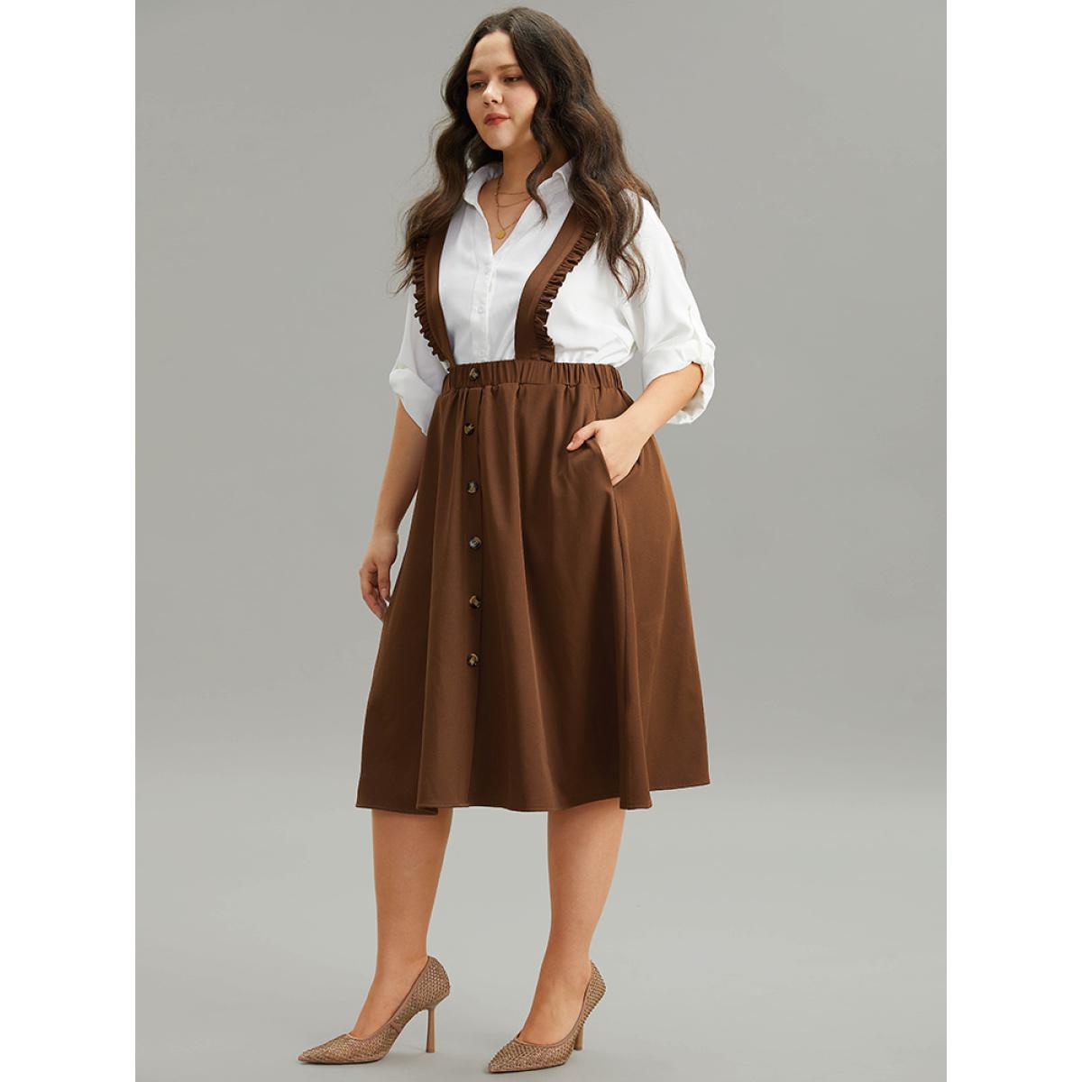 Plus Size Elastic Waist Button Detail Frill Trim Overall Skirt Women Rust At the Office Plain No stretch Pocket Office Skirts BloomChic 12/L Product Image