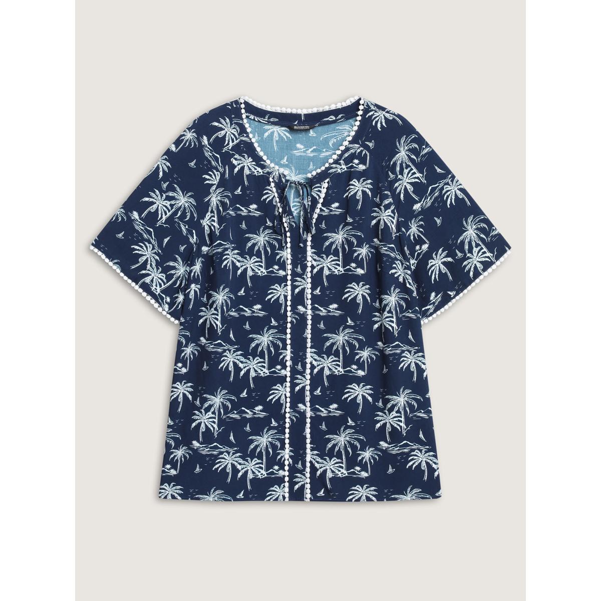 Plus Size Indigo Tropical Print Lace Trim Flowy Blouse Women Short sleeve V-neck Vacation Blouses BloomChic 14-16/1X Product Image