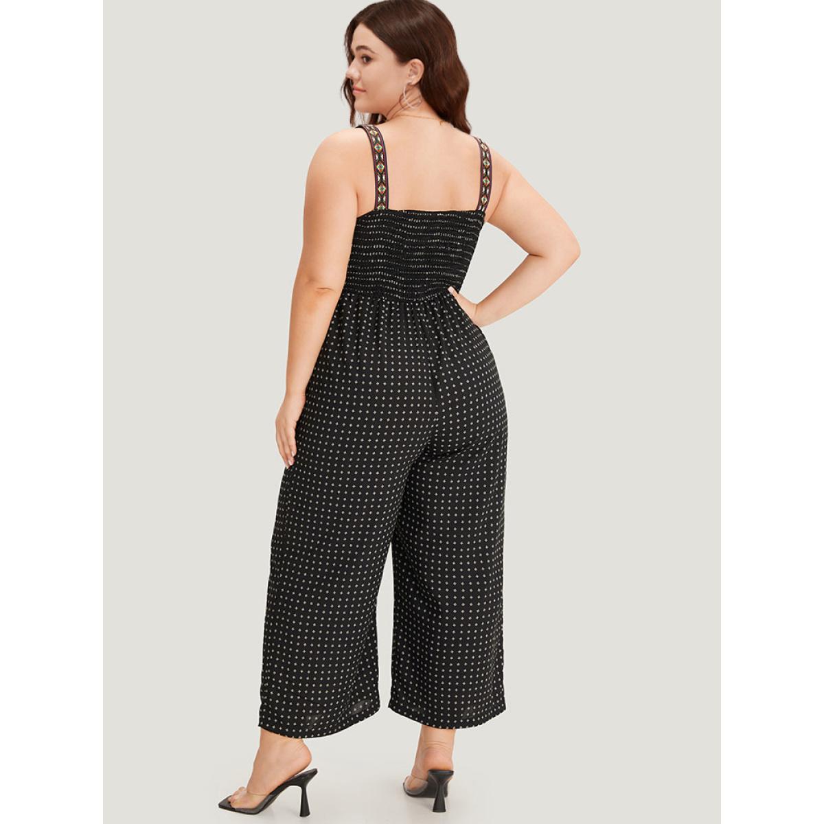 Plus Size Black Geometric Print Pocket Button Elastic Waist Cami Jumpsuit Women Casual Sleeveless Spaghetti Strap Dailywear Loose Jumpsuits BloomChic 14-16/1X Product Image