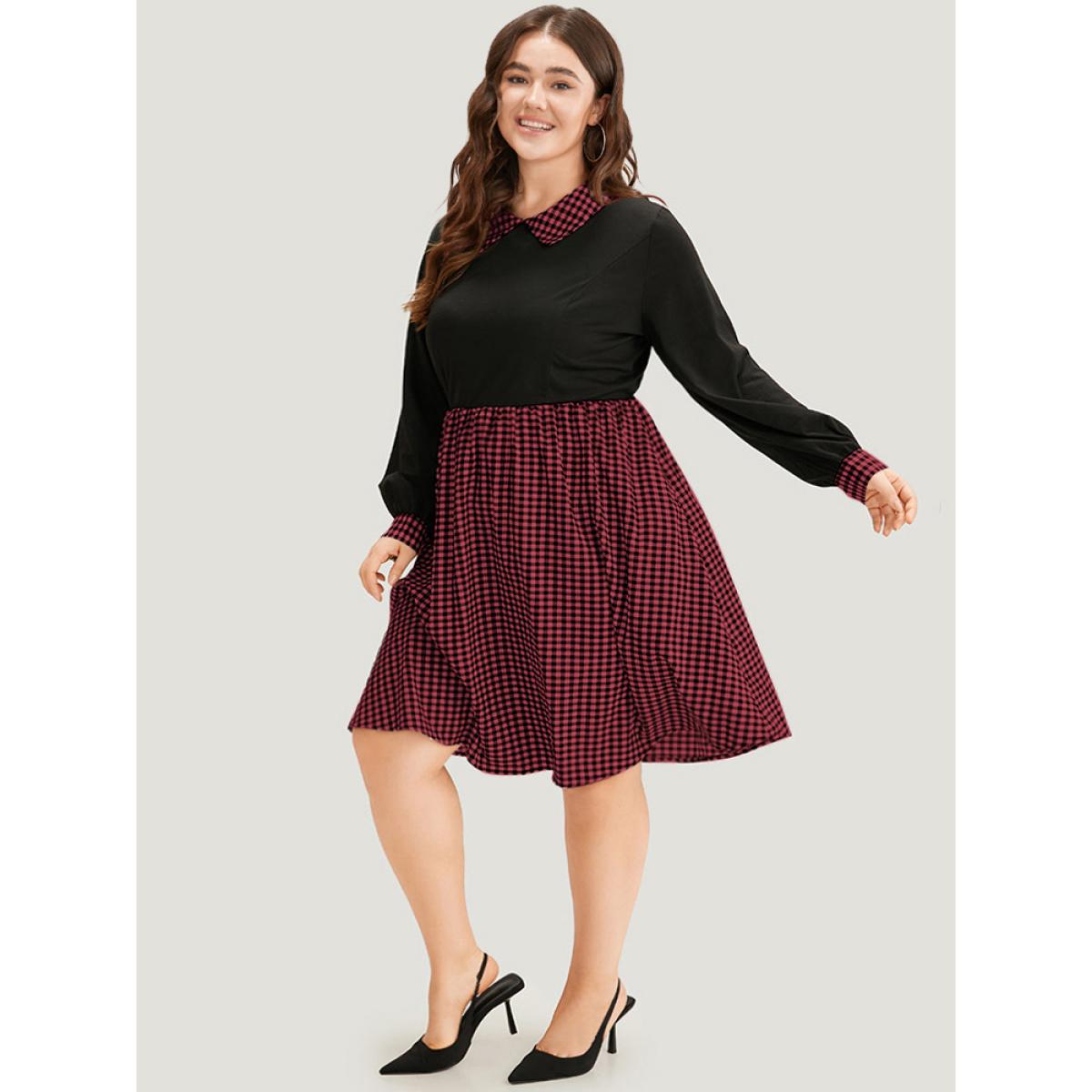 Plus Size Gingham Patchwork Pocket Shirt Collar Dress Red Women Office Patchwork Shirt collar Long Sleeve Curvy Midi Dress BloomChic 12/L Product Image