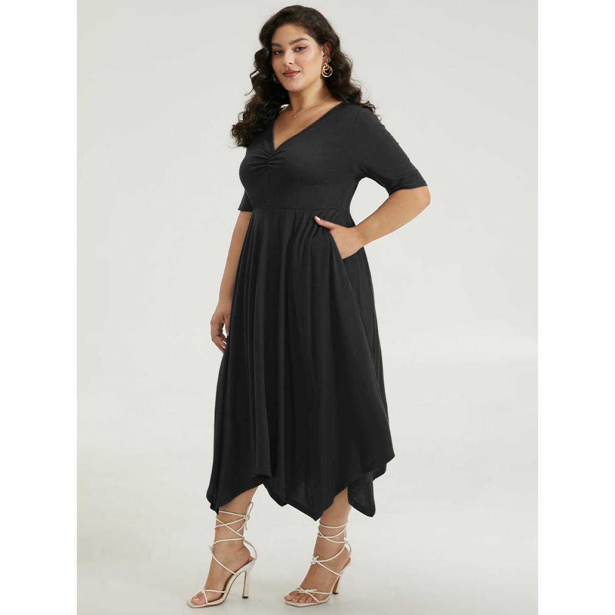 Plus Size Solid Ruched Pocket Asymmetrical Hem Dress Black Women Elegant Gathered V-neck Short sleeve Curvy Midi Dress BloomChic 28/5X Product Image