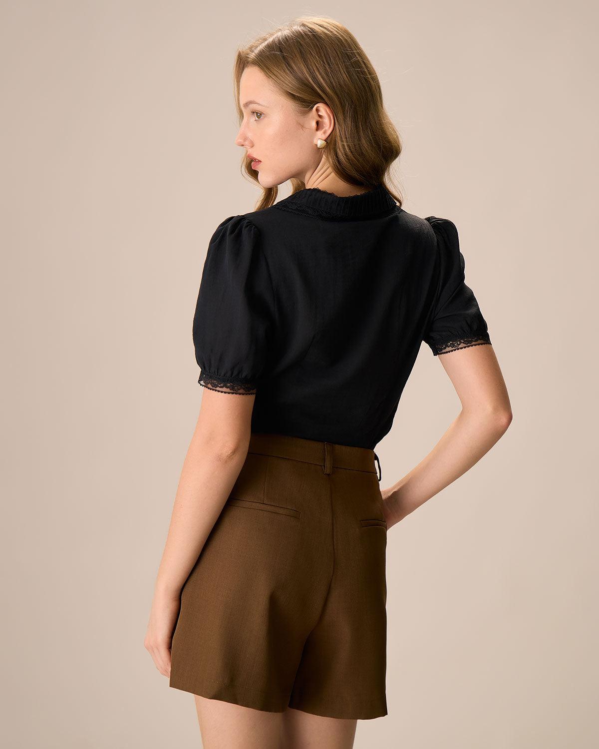 Women's Black Chelsea Collar Lace Trim Cotton Blouse Female Product Image