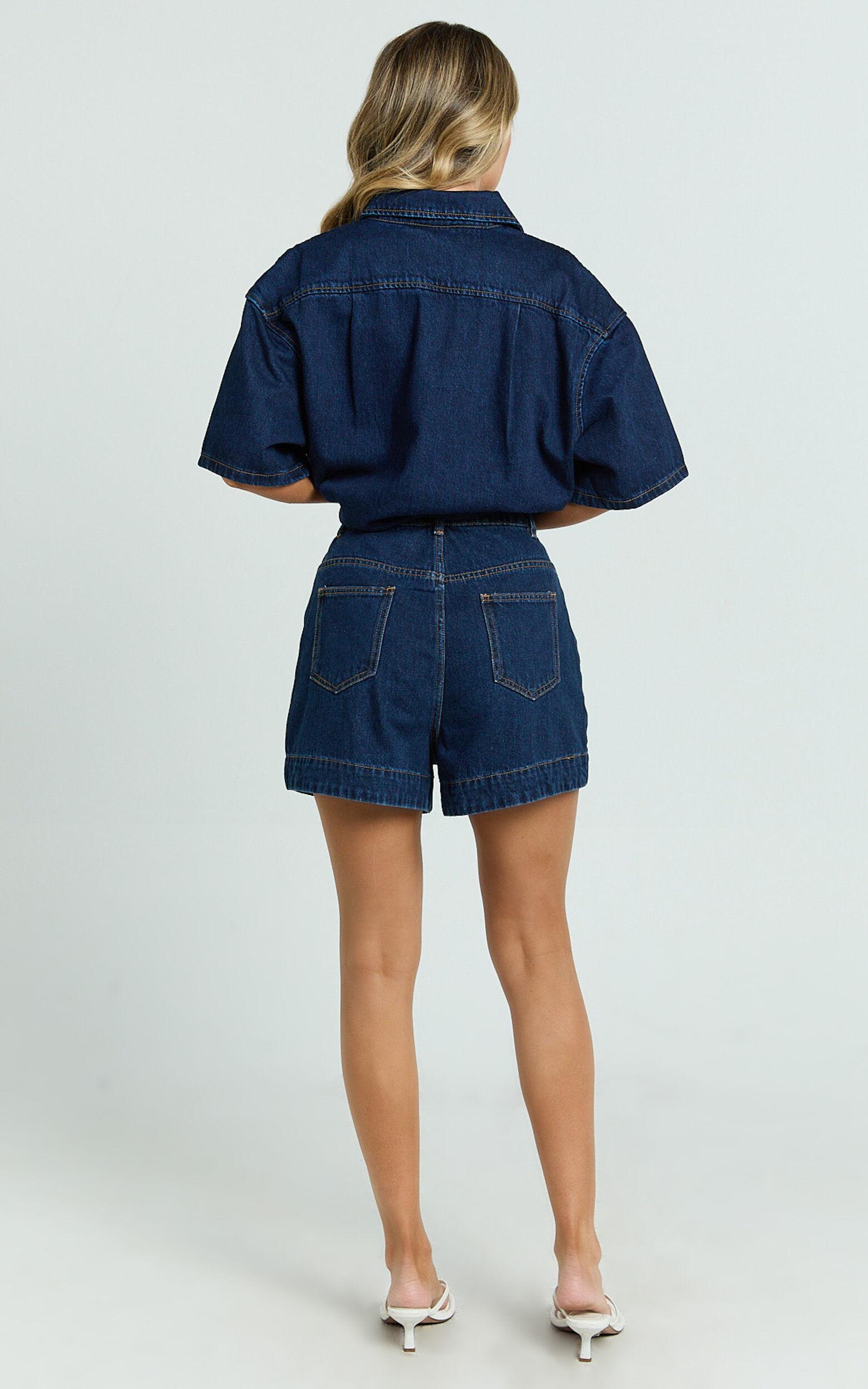 Rhianna Shorts - Mid Waist Recycled Denim Shorts in Indigo Wash Product Image