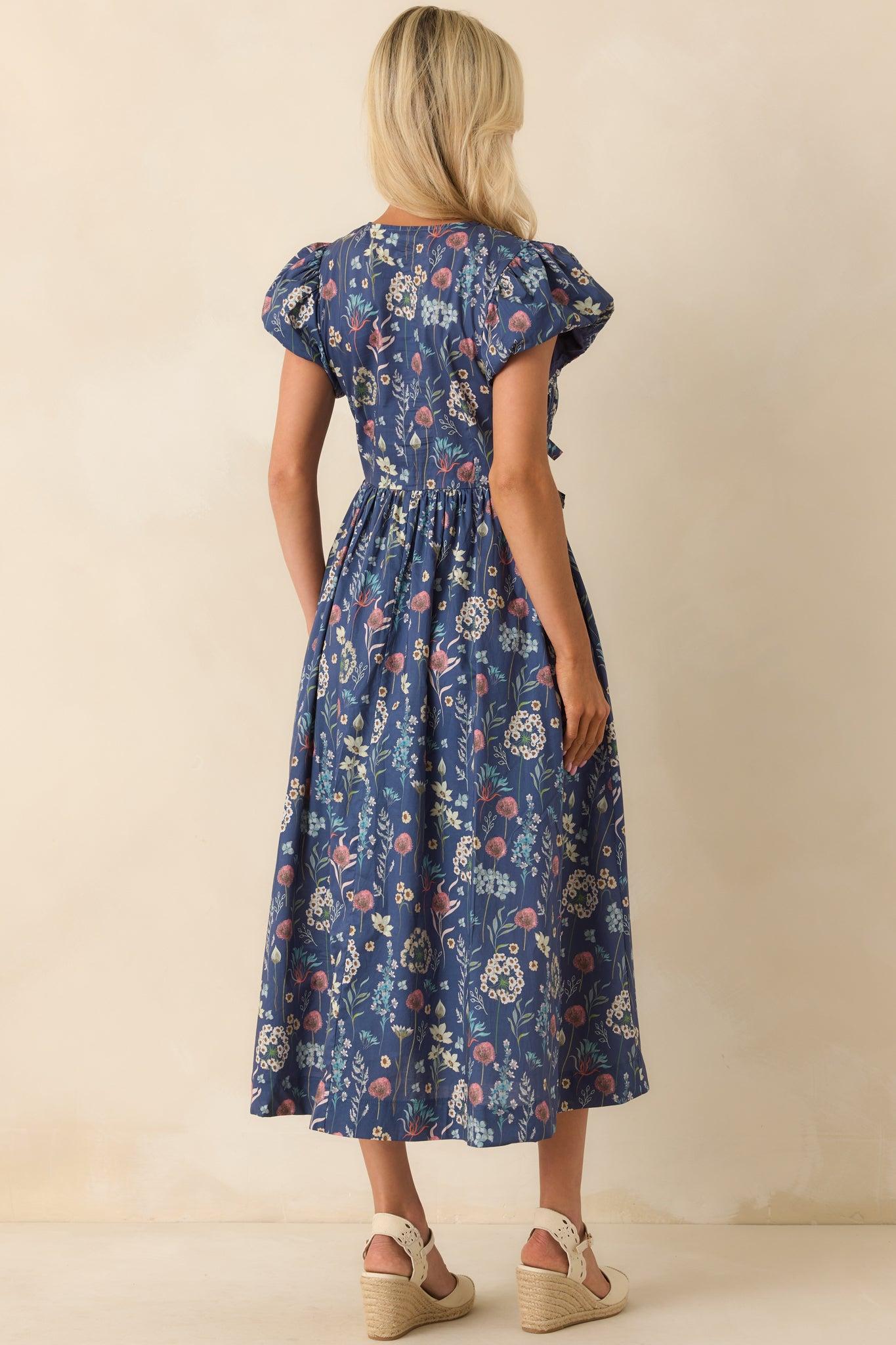 A Subtle Shift Dusty Blue Multi Floral Print Cotton Midi Dress Product Image