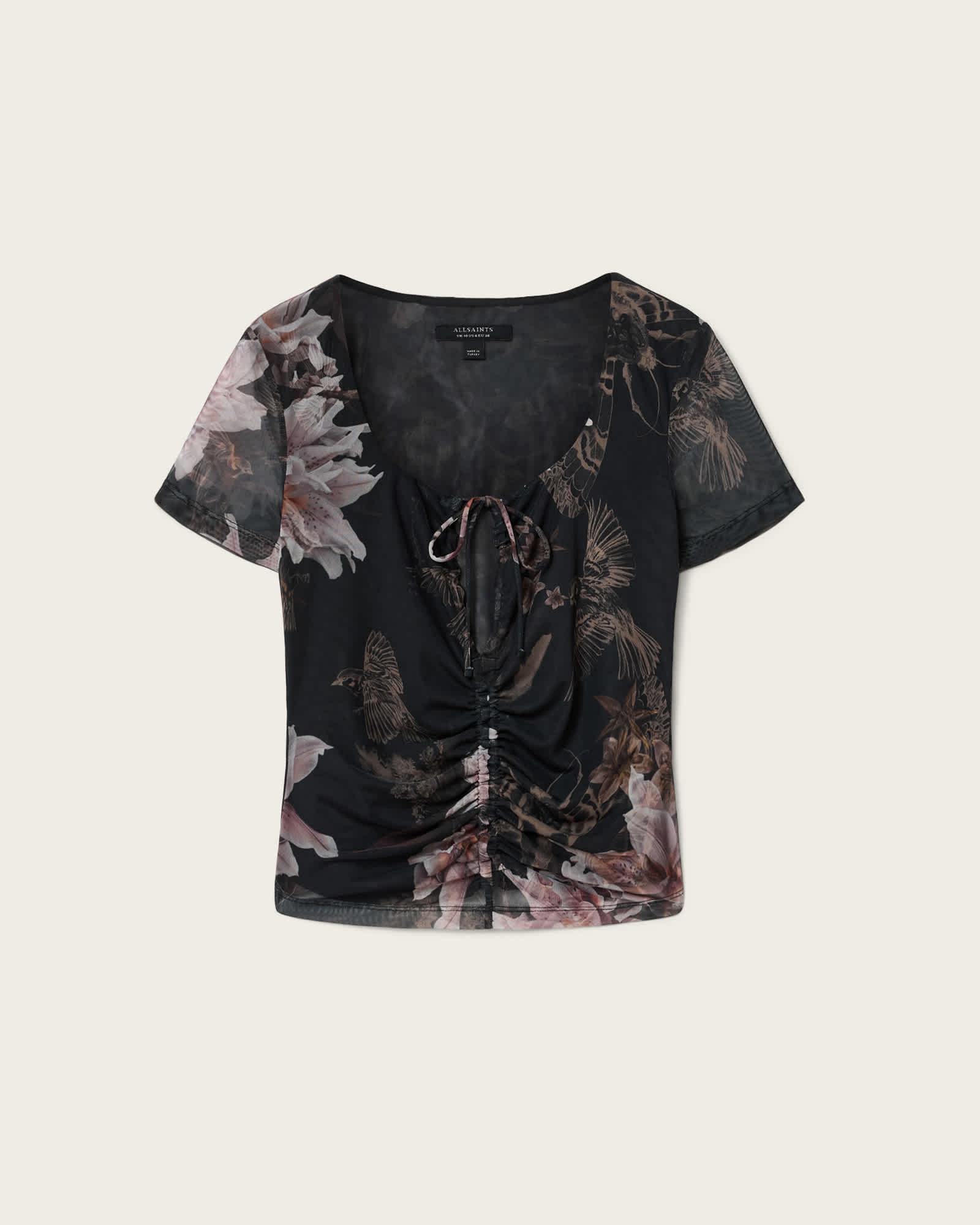Gabby Slim Fit Floral Mesh Top CRYSTAL BLACK | ALLSAINTS US Product Image