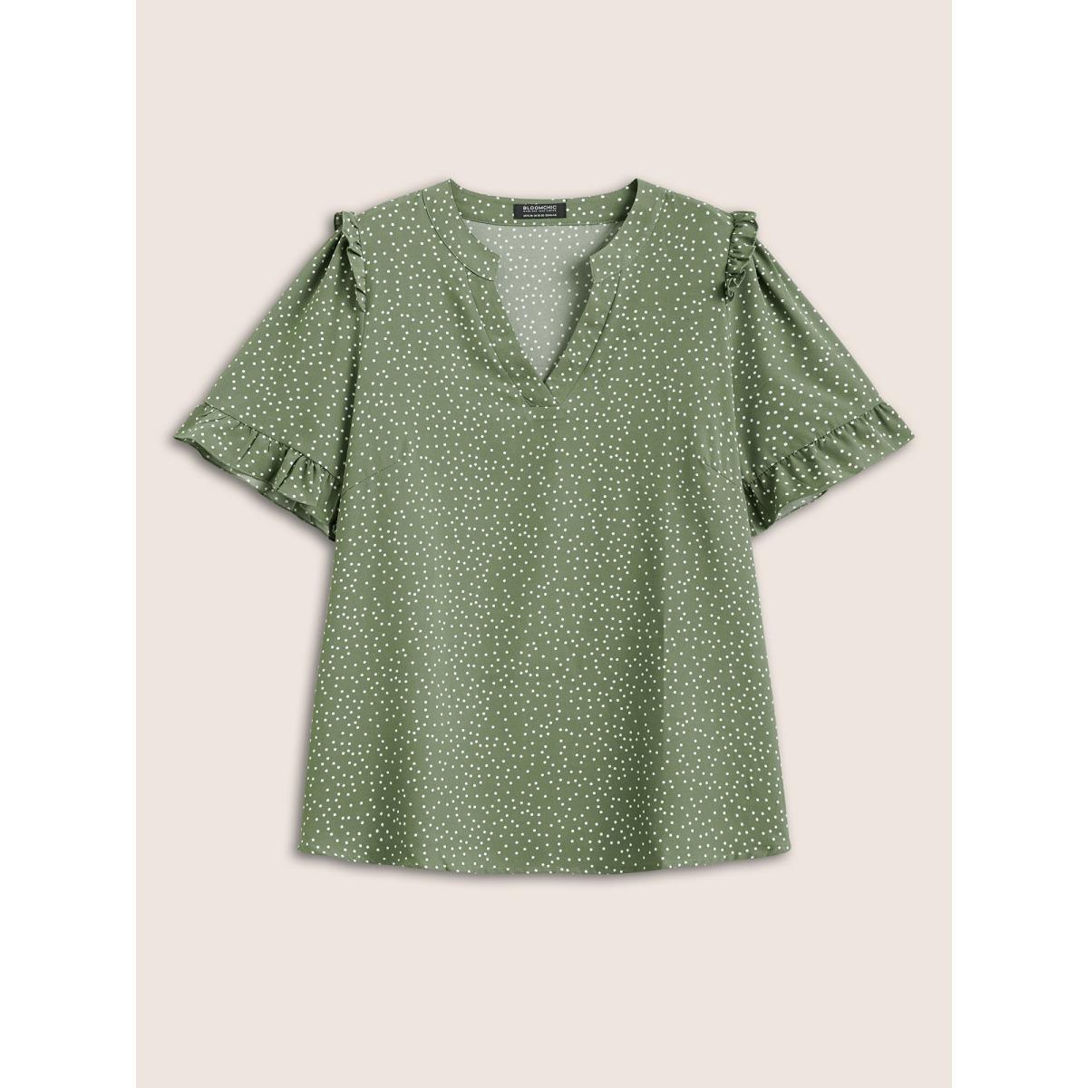 Polka Dot Ruffles Plus Size Women Blouses Elegance Casual Ruffles Ruffle Sleeve Short Sleeve V Neck Dailywear Blouses BloomChic Product Image