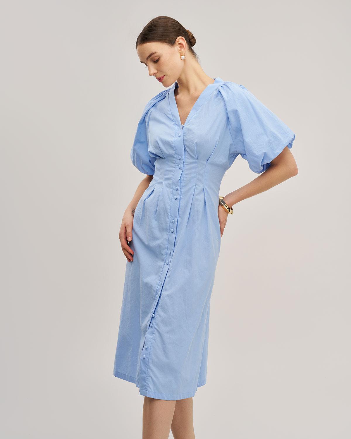 Blue Half Sleeve Button Midi Dress Product Image